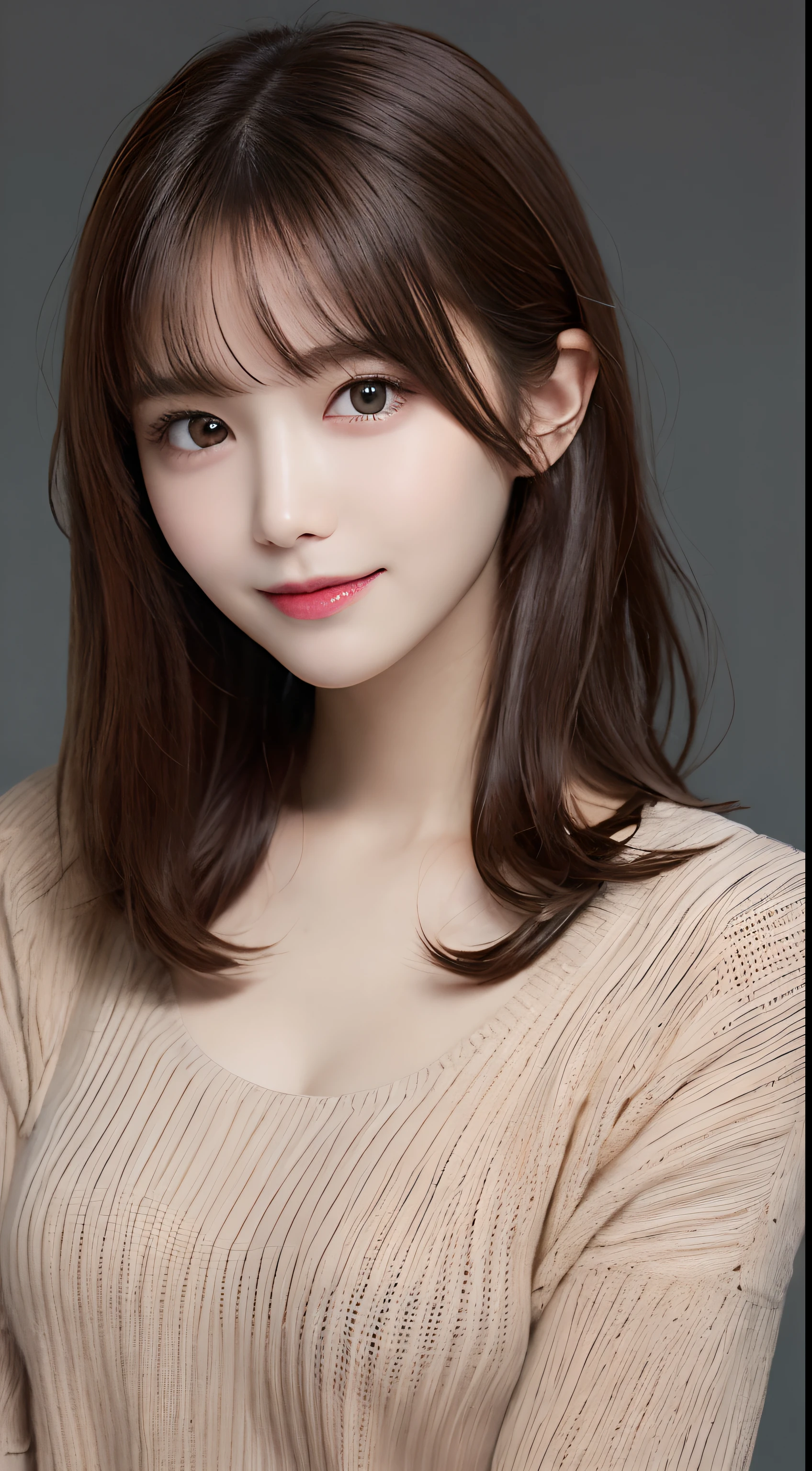 On the table, Best quality at best, illustratio, ultra - detailed, finely detailled, A high resolution, 8k wallpaper, Perfect dynamic composition, 美丽细致的眼睛, Sweaters, Medium hair,Brown hair color ,little breast, Natural color lips, Random and burrito poses,Random cases,long slim figure,rosto magro,Hefty Smile