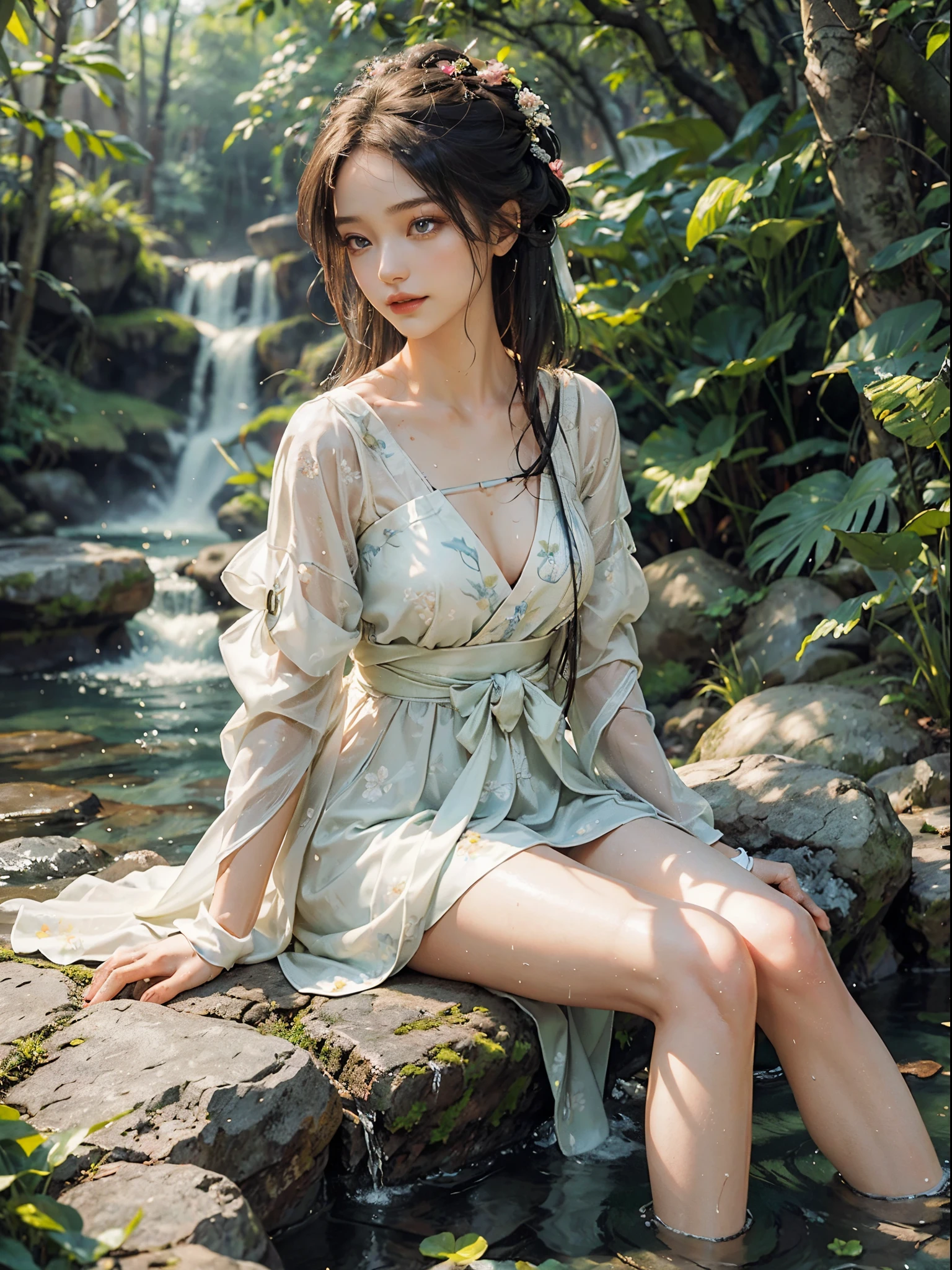 (best quality, masterpiece:1.2), ultra-detailed, (realistic:1.37), beautiful, youthful, glamorous model with (detailed eyes, detailed lips, extremely detailed eyes), hanfu, Deep v-neck, sitting under a waterfall, sitting on a rock by the river, surrounded by rocks or a temple or a bridge, in a knee shot, with white and floral colors, showcasing a radiant smile, slender figure, long legs, creating a breathtaking depiction of a girl enjoying the water,  realistic waterfalls, wet clothes and hair, radiant sunlight, lush greenery, refreshing mist