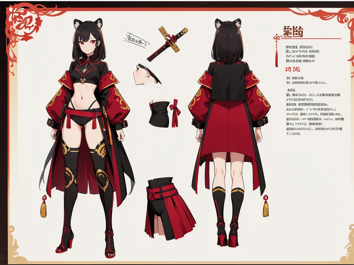 (Piece masuter,Best Quality,Ultra-detailed), (Character Sheet:1.2),full - body, supreme，1girll，long legs，burgundy and black shirts， Upskirt，windproof boots，Orange, Large red and black trench coat，Long red and black hair，red eyes，standing pose，Red Katana，HighestQuali,4k，Chinese girl design，Tiger Girl, tiger hybrid, bare belly, Detailed Genshin graphics，anime character design，anime concept art，pretty anime character design，anime character reference sheet，[Character design]，4k，Detailed,brunette hair, super detaill, SolidBackground, higly detailed, 4k,Dagger Decoration,The same character, bare stomach