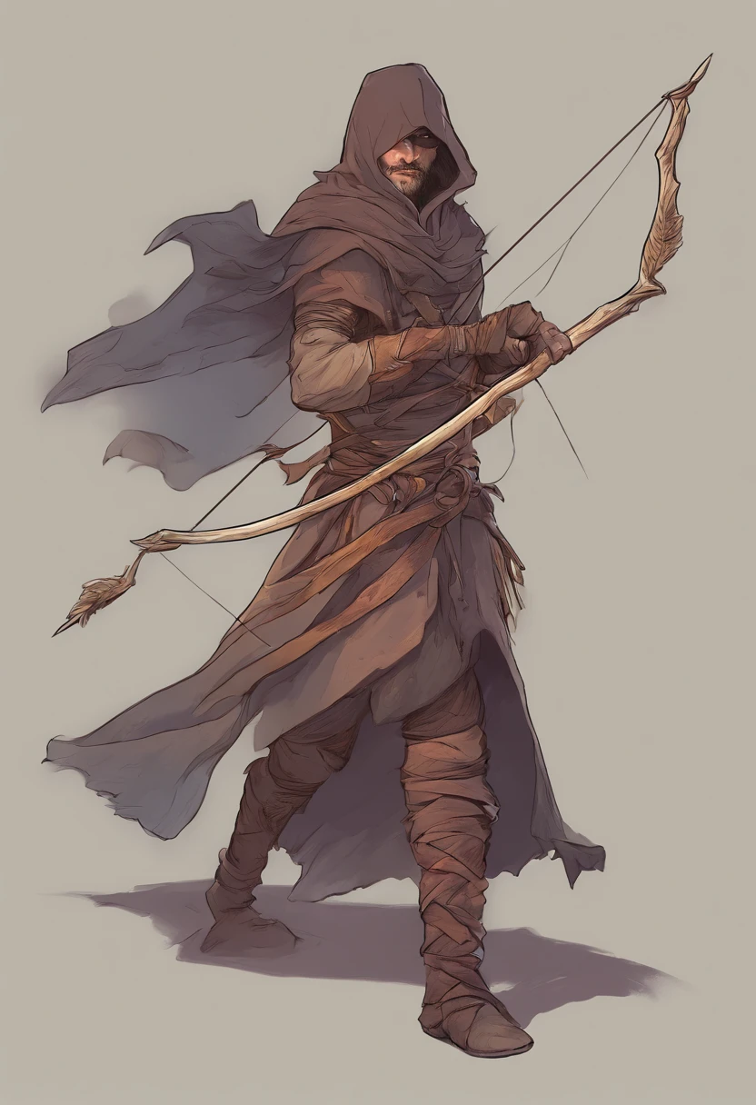 A cloaked human rogue holding a bow with an arrow knocked and ready to fire