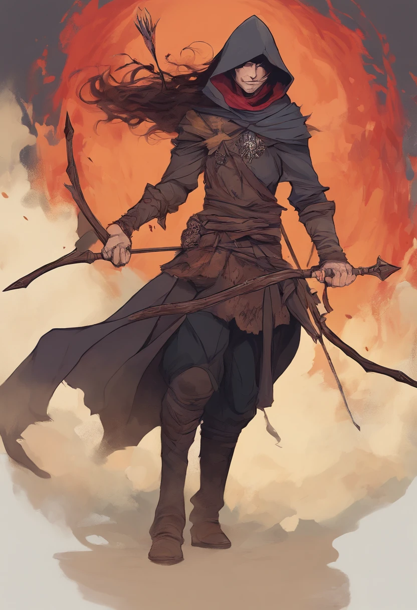 A cloaked human rogue holding a bow with an arrow knocked and ready to fire