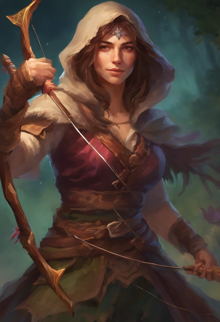 A cloaked human rogue holding a bow with an arrow knocked and ready to fire