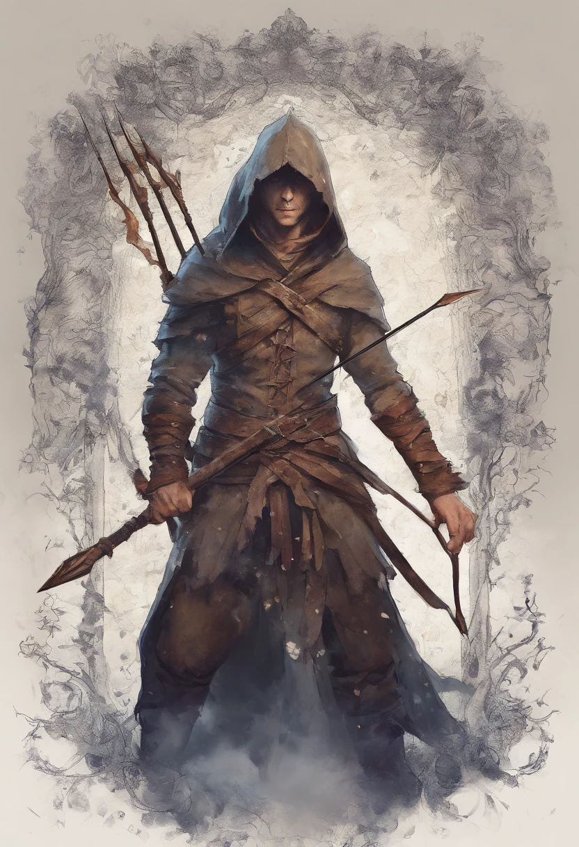 A cloaked human rogue holding a bow with an arrow knocked and ready to fire