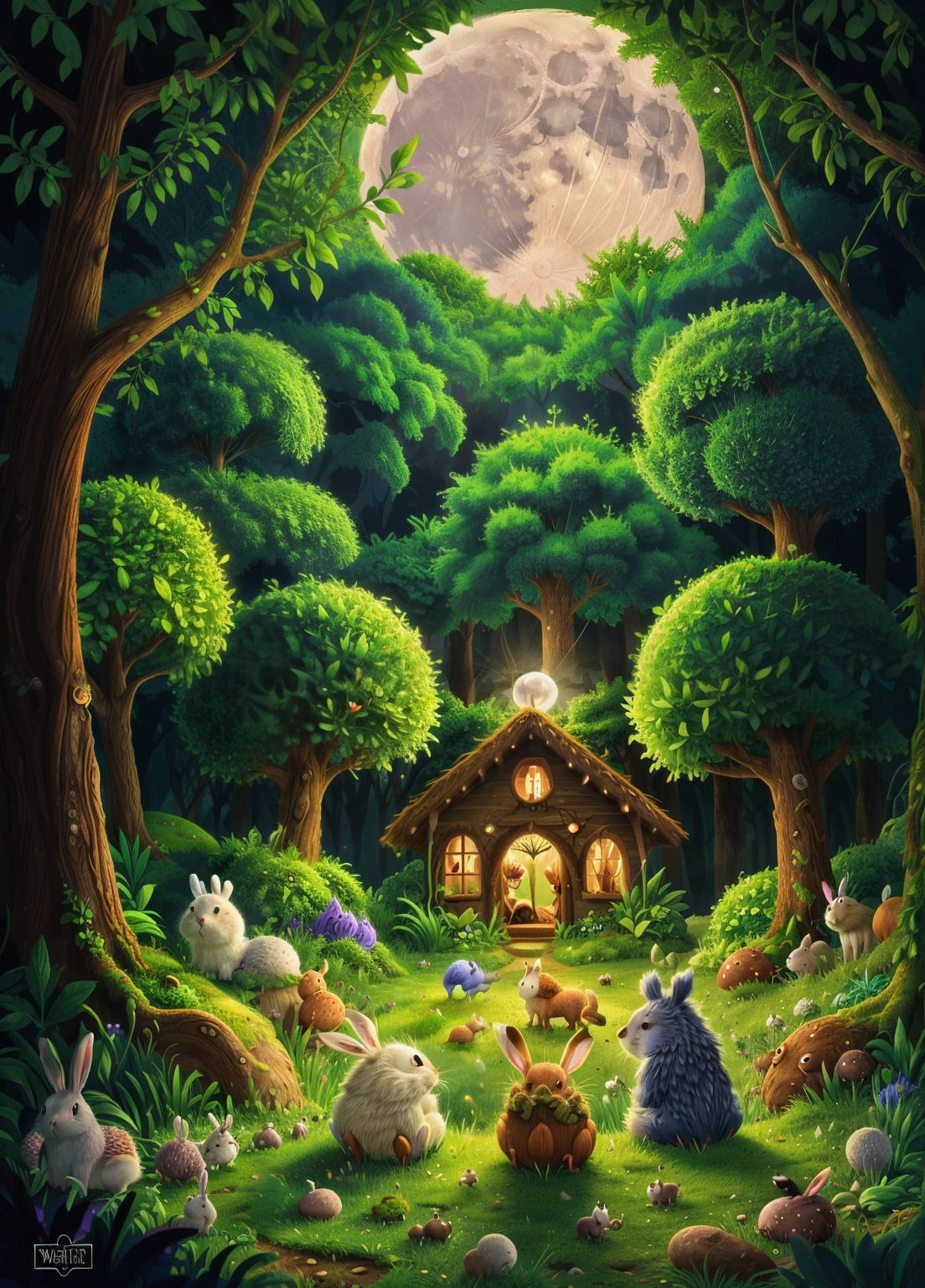 An enchanted forest, The full moon rises from behind the hill, Rabbits and hedgehogs are sitting and looking at the moon