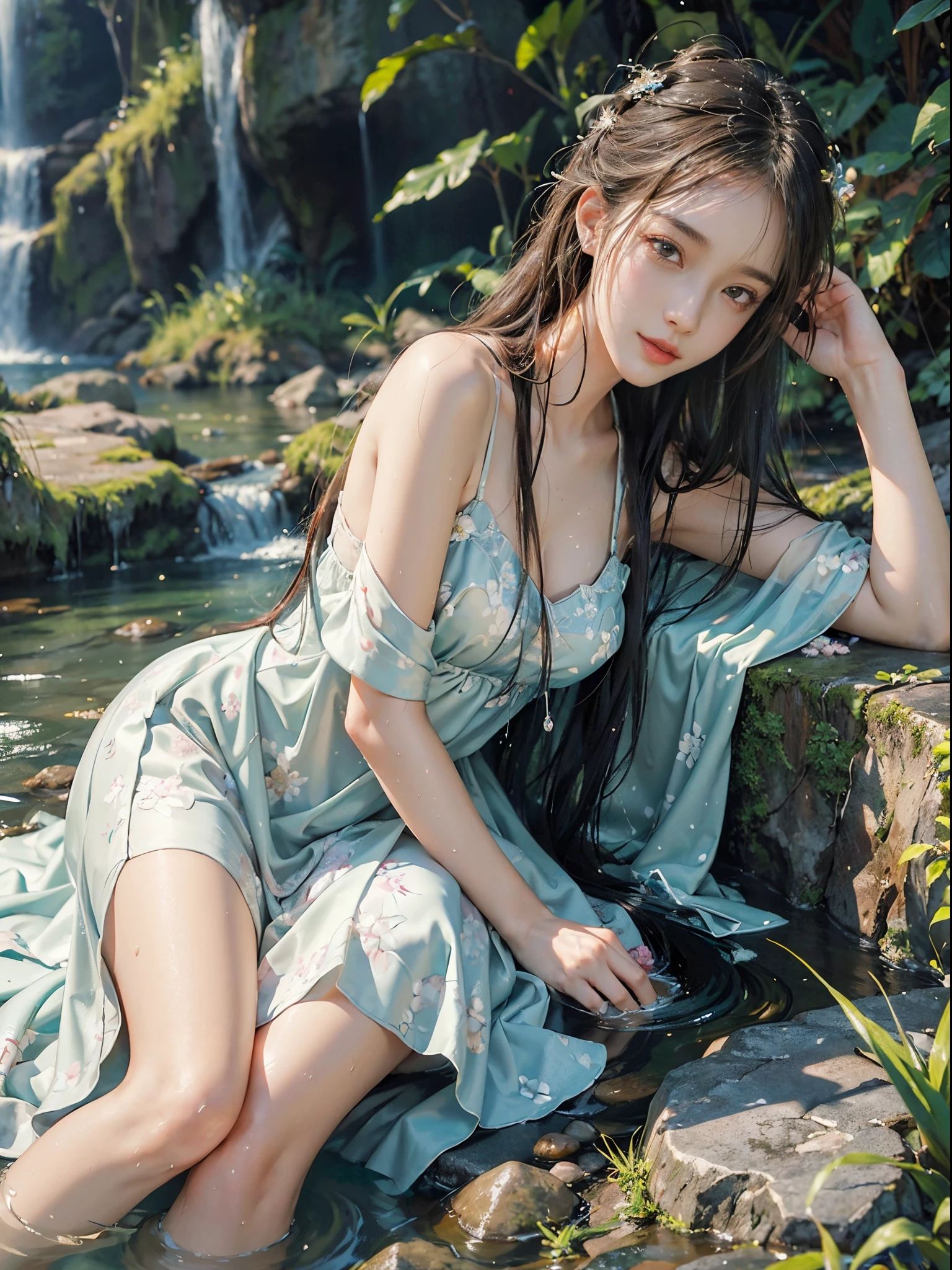 (best quality, masterpiece:1.2), ultra-detailed, (realistic:1.37), beautiful, youthful, glamorous model with (detailed eyes, detailed lips, extremely detailed eyes), hanfu, Deep v-neck, sitting under a waterfall, sitting on a rock by the river, surrounded by rocks or a temple or a bridge, in a knee shot, with white and floral colors, showcasing a radiant smile, slender figure, long legs, creating a breathtaking depiction of a girl enjoying the water, realistic waterfalls, wet clothes and hair, radiant sunlight, lush greenery, refreshing mist