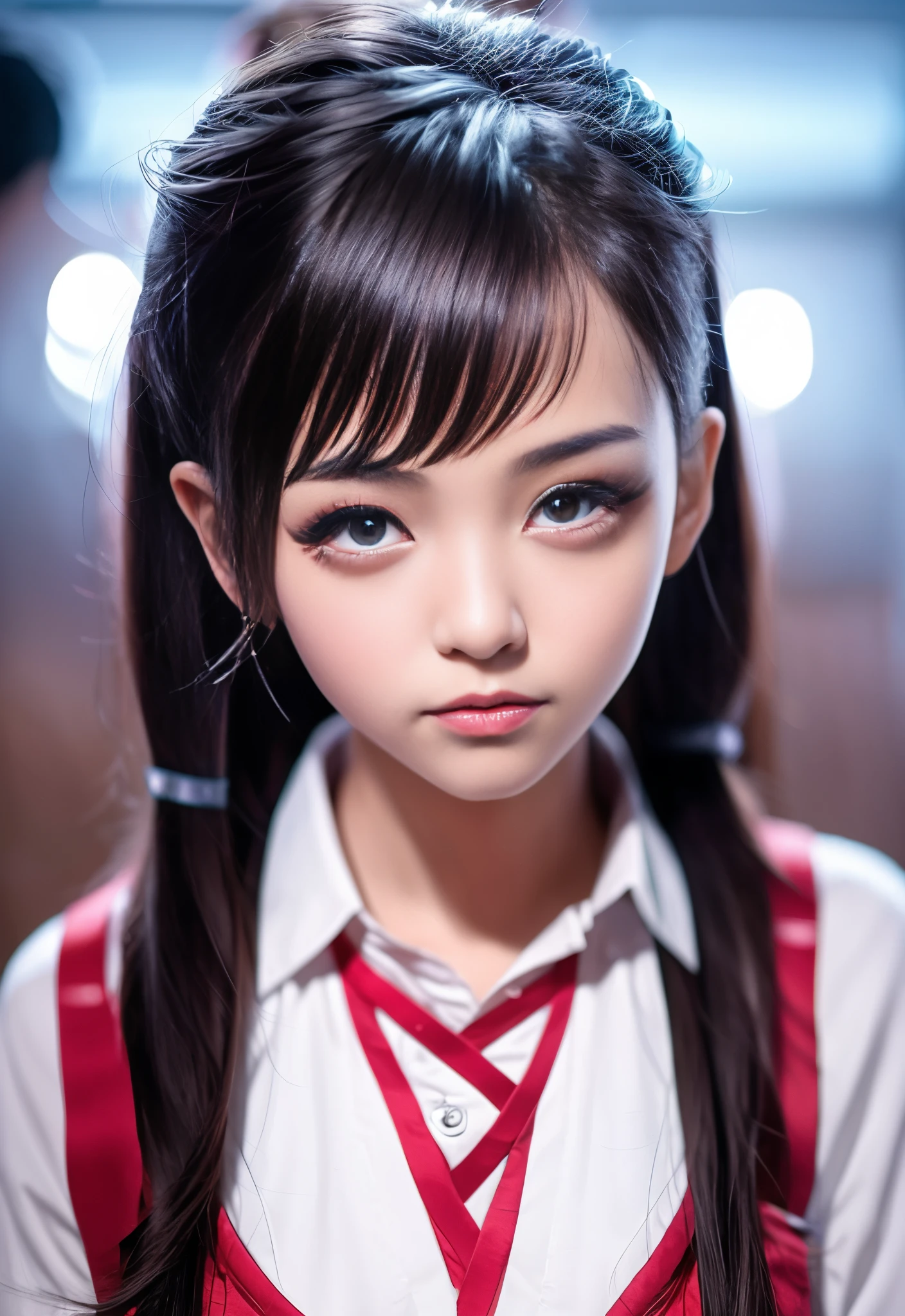 Junior high school girl, cat eyes, big eyes, plump lips, small face, good style, long eyelashes, ponytail, good style, 160cm, brevet, high nose, bangs, parallel eyebrows