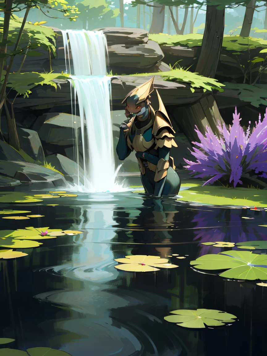 (best quality,4k,8k,highres,masterpiece:1.2),ultra-detailed,(realistic,photorealistic,photo-realistic:1.37),Sangheili washing in a pond,pond water glimmering,huge ancient tree providing shade for the scene,peaceful and serene atmosphere,rippling water reflecting the sunlight,leaves floating on the pond surface,subtle sound of water flowing,glistening water droplets falling from the Sangheili's body,gentle breeze rustling the leaves,slight movement of the grass around the pond,dense foliage surrounding the pond,branches reaching towards the sky,calm expression on the Sangheili's face,resplendent armor shining in the sunlight,waves of energy radiating from the Sangheili's hands,splashes of water as the Sangheili splashes around,faint echo of birds chirping in the distance,colorful flowers blooming nearby,reflected image of the Sangheili on the water surface,majestic waterfall in the background,air filled with the scent of nature,elegant and graceful movements of the Sangheili as they clean themselves, farting, fart, flatulence, onara,