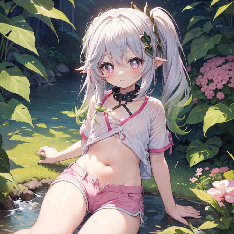 Best Quality, top-quality、(cute petit girl:1.3),Beautiful pink eyes、flat chest、Lori、(Cuteness beyond limits)、Shining thighs、((Cute smile))、tied up with a collar、Show your belly button、tshirts、hotpants、Open the crotch、Bend both knees、lowrise