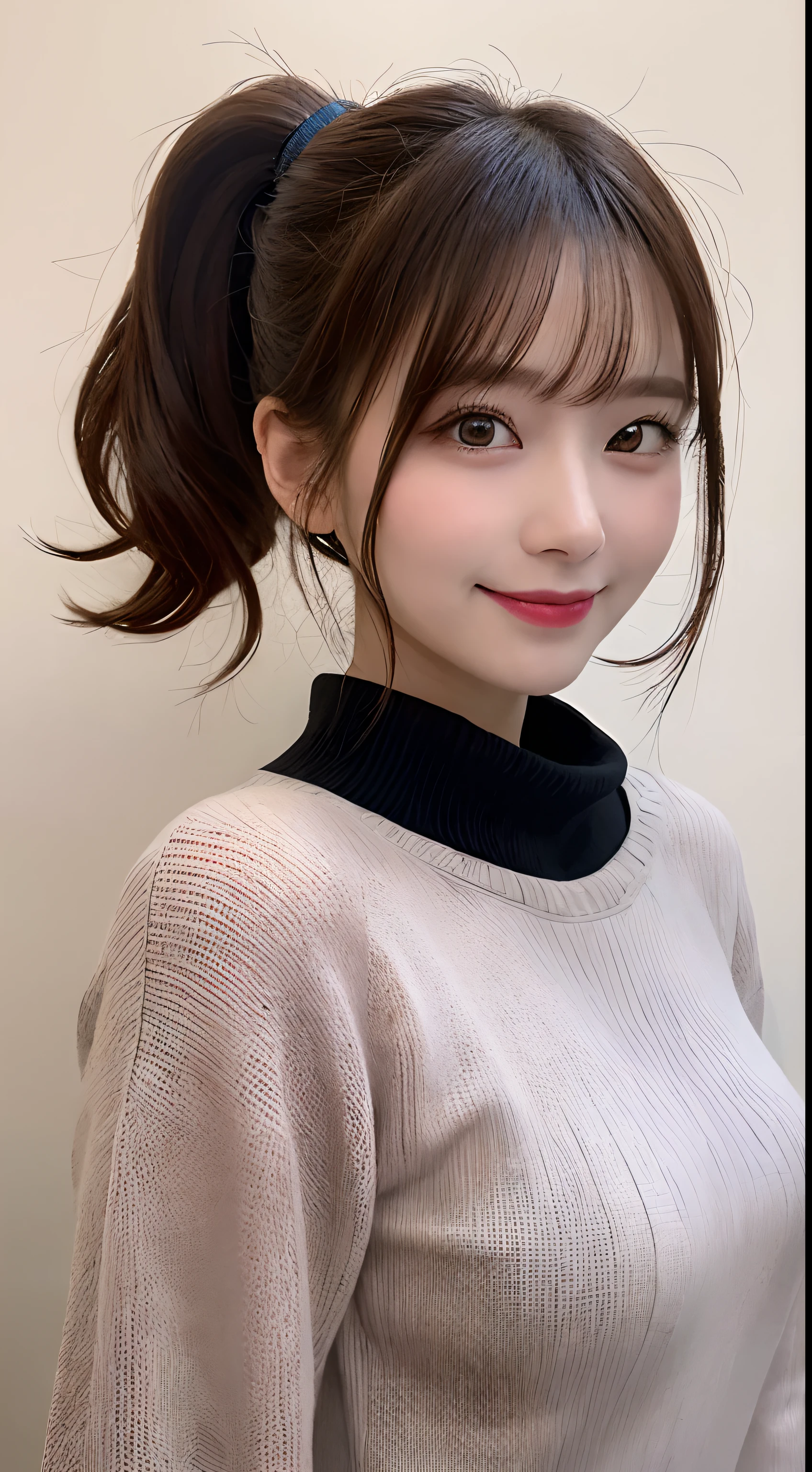 On the table, Best quality at best, illustratio, ultra - detailed, finely detailled, A high resolution, 8k wallpaper, Perfect dynamic composition, 美丽细致的眼睛, Women&#39;s Fall Fashion Knitwear,pony tails,Natural color lips for small breasts, Bold sexy pose,ssmile,Harajuku、20岁女孩、cute big breasts、Sexy shot looking at camera