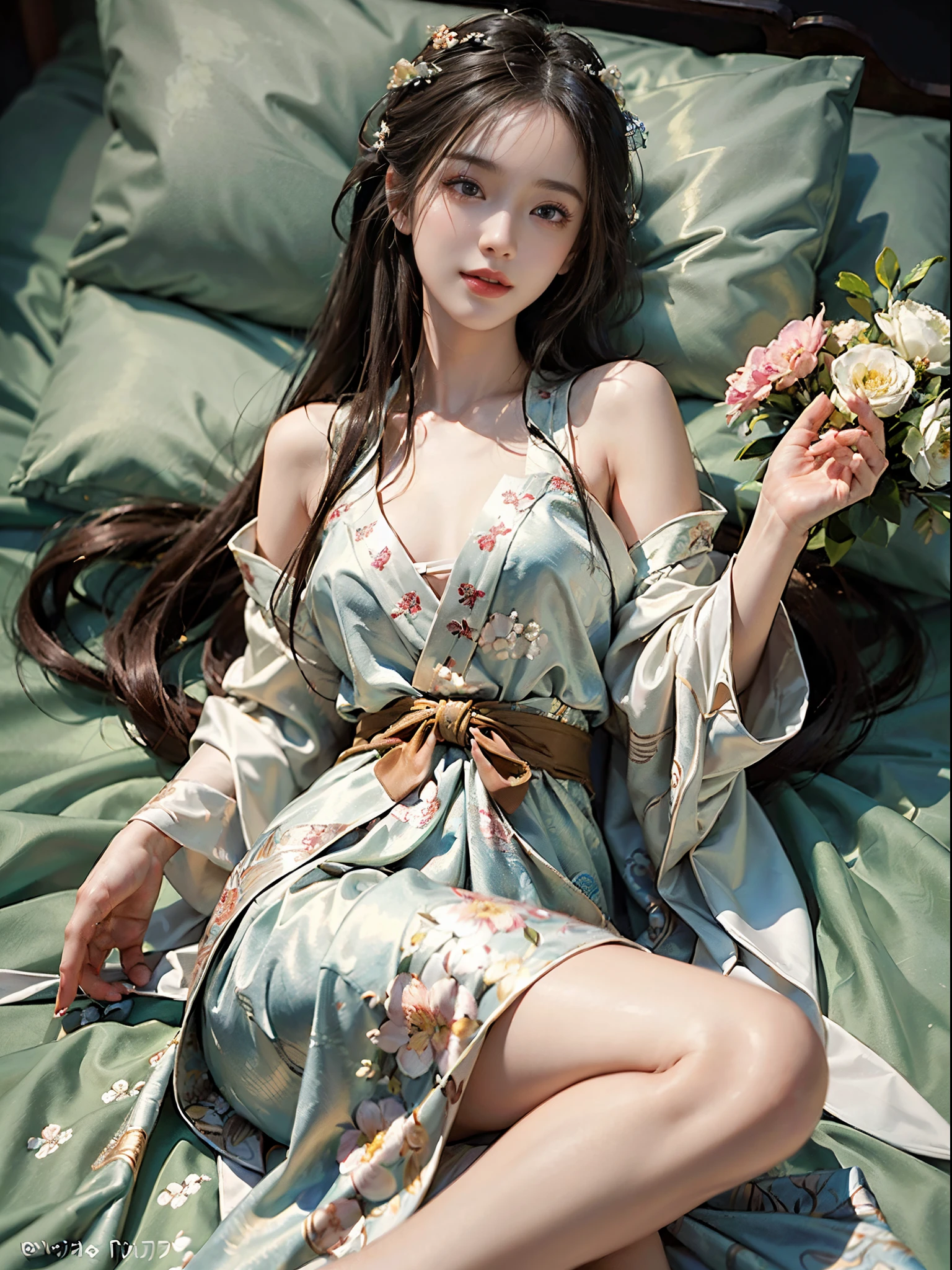 (best quality, masterpiece:1.2), ultra-detailed, (realistic:1.37), beautiful, youthful, glamorous model with (detailed eyes, detailed lips, extremely detailed eyes), hanfu, Deep v-neck, Lie in bed, in a knee shot, with white and floral colors, showcasing a radiant smile, slender figure, long legs, creating a breathtaking depiction of a girl enjoying the sleep