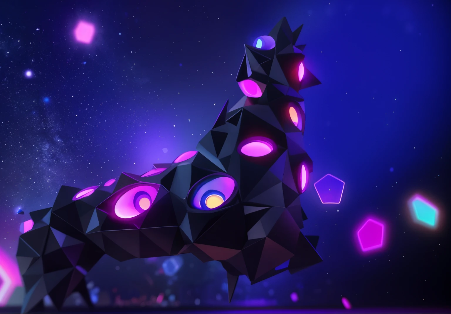 defirmed a black void aberration with colorful eyes on it, lowpoly:1.3 , polygonal edges stylized as a 3d render, epic concept art. bokeh, lights