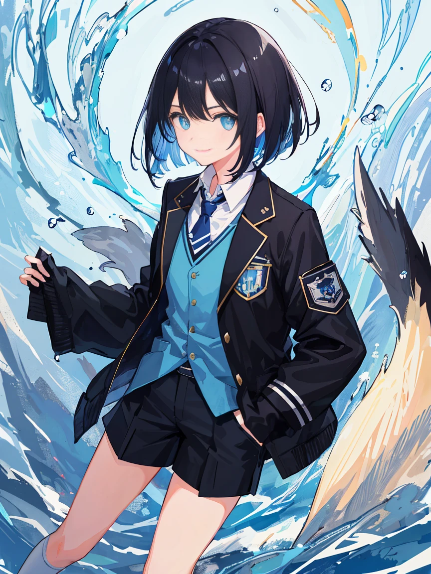 ((topquality)), ((tmasterpiece)), ((ultra-detailliert)), (extreamly delicate and beautiful), Girl with, 独奏, Cold attitude,((black jacket)),Her are very(relax)with a(Located)Looks,dark-haired, Depth of field,wicked smile,bubble, under water, air bubble,bright light blue eyes,Inner color with black hair and light blue tips,Cold background,Bob Hare - Line Art, short pants、knee high socks、White Uniform, As a school uniform、Light blue ties on ribbons、clothes transparent、hands in pocket, Bright, Like sapphires, Eyes, fluorescent blue,