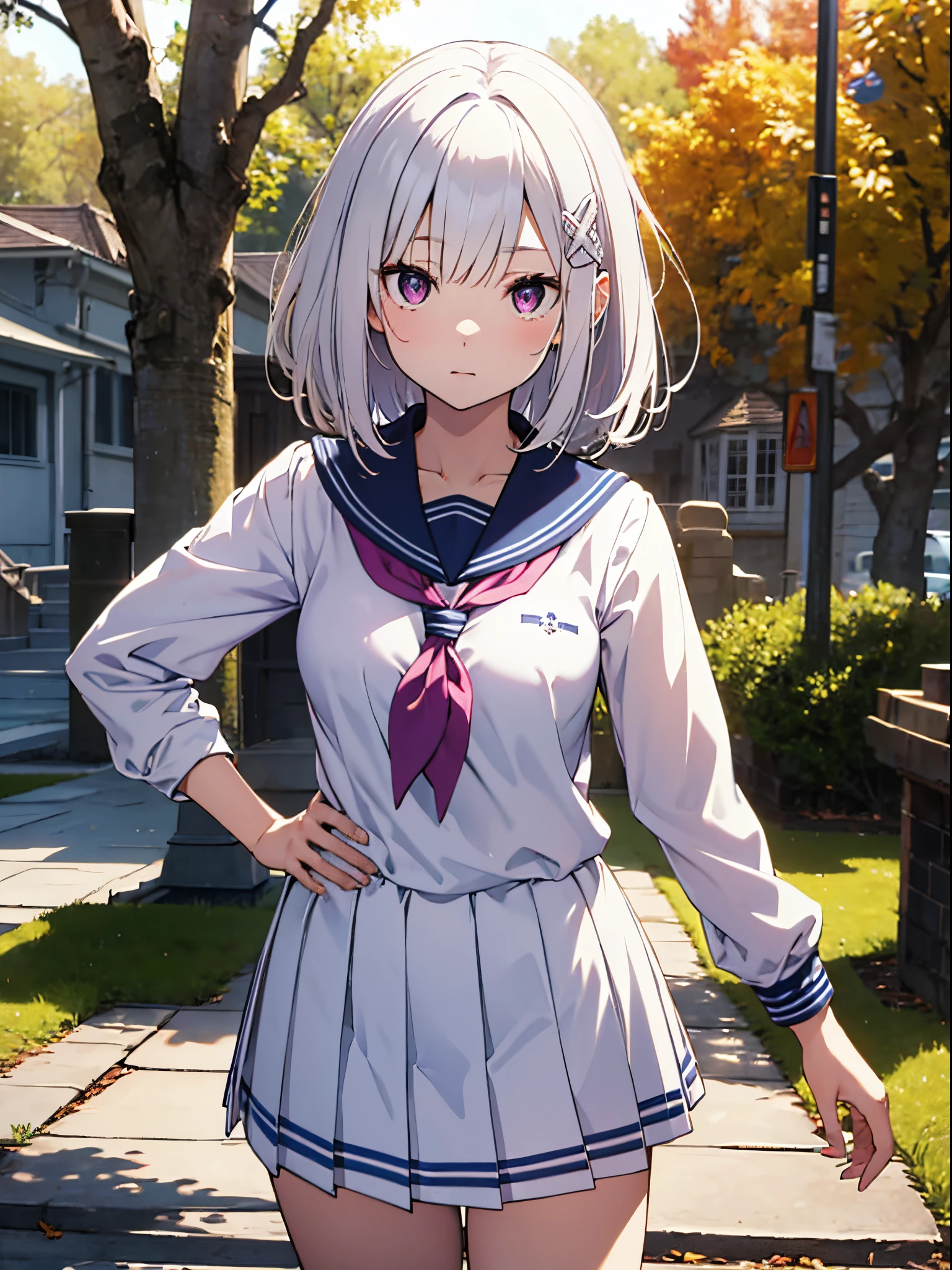 SFW ４ｋqulity, 独奏、top-quality, Emilia, a purple eye,long white hair、 Standing、(Short_hair, subminiature_Breast),white and blue clothes、high-school uniform, neckerchief, Pink neckerchief, Pleated skirt, School uniform, serafuku, Shirt,, White shirt、１６age　sexypose　Bewitching、shuicolor、undergarment、front-facing view、The absolute standard is the center of the navel、Cowboy Shot、Watching the viewer、Spread your hands from side to side