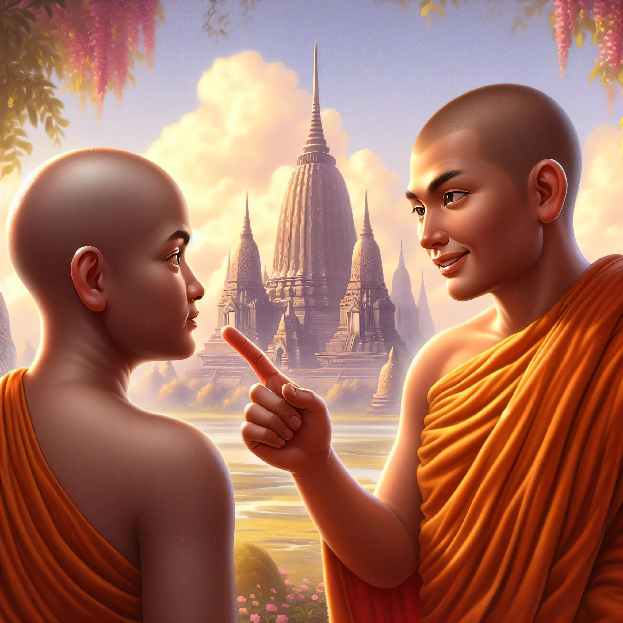 a close up of two monks pointing at a temple, buddhism, buddhist, monks, samsara, on path to enlightenment, monk, tithi luadthong, 2 1 st century monk, enlightenment, sakimi, profile picture 1024px, concept art of a monk, fisting monk, on the path to enlightenment, calmly conversing 8k