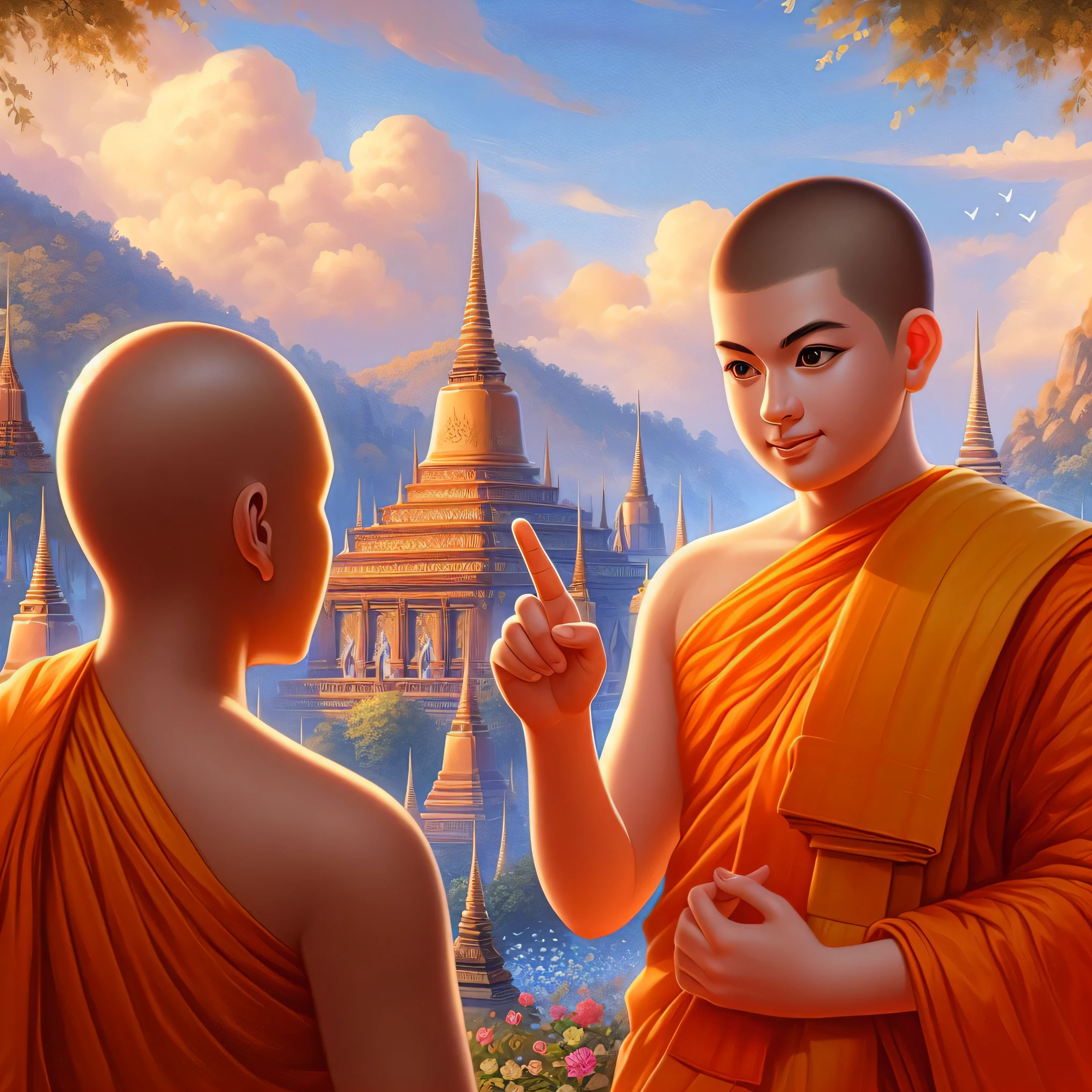 buddhist monks in orange robes are talking to each other, buddhism, tithi luadthong, buddhist, fisting monk, on path to enlightenment, on the path to enlightenment, buddhist monk, monks, thailand art, monk clothes, monk, samsara, concept art of a monk, 2 1 st century monk, monk meditate, profile picture 1024px