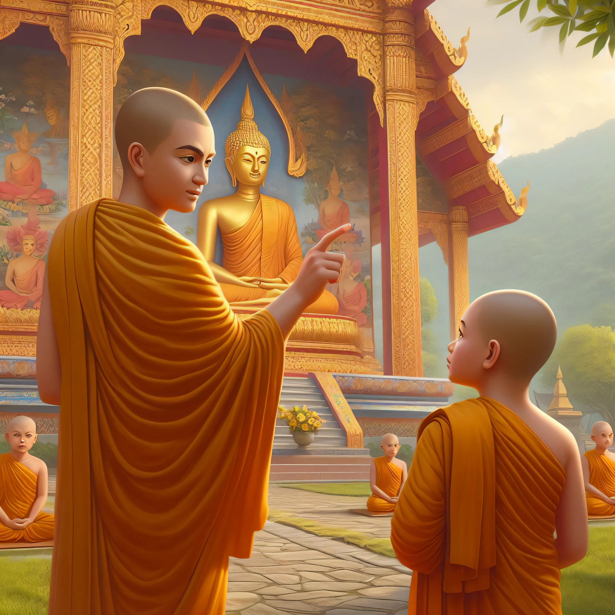 there are two monks standing in front of a building with a statue, buddhism, buddhist, monks, buddhist monk, monk clothes, on the path to enlightenment, on path to enlightenment, buddhist art, by John La Gatta, tithi luadthong, monk meditate, monk, monks!!!!!!!!! fire, concept art of a monk, buddhist temple, the buddha