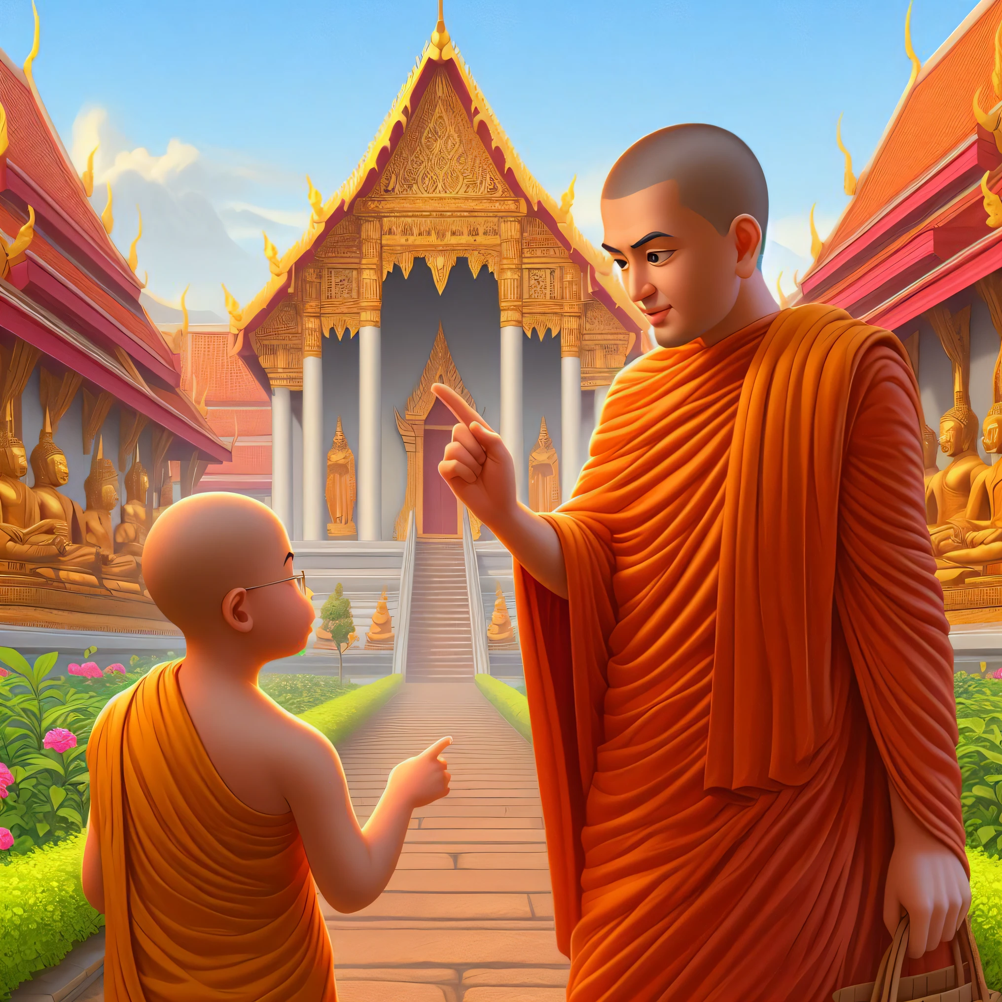 arafed monk and a baby in front of a temple, buddhism, buddhist monk, monk clothes, buddhist, monk, fisting monk, monk's robe, monk meditate, 2 1 st century monk, on path to enlightenment, monks, tithi luadthong, on the path to enlightenment, thailand art, amazing depth, buddhist art, buddhist temple
