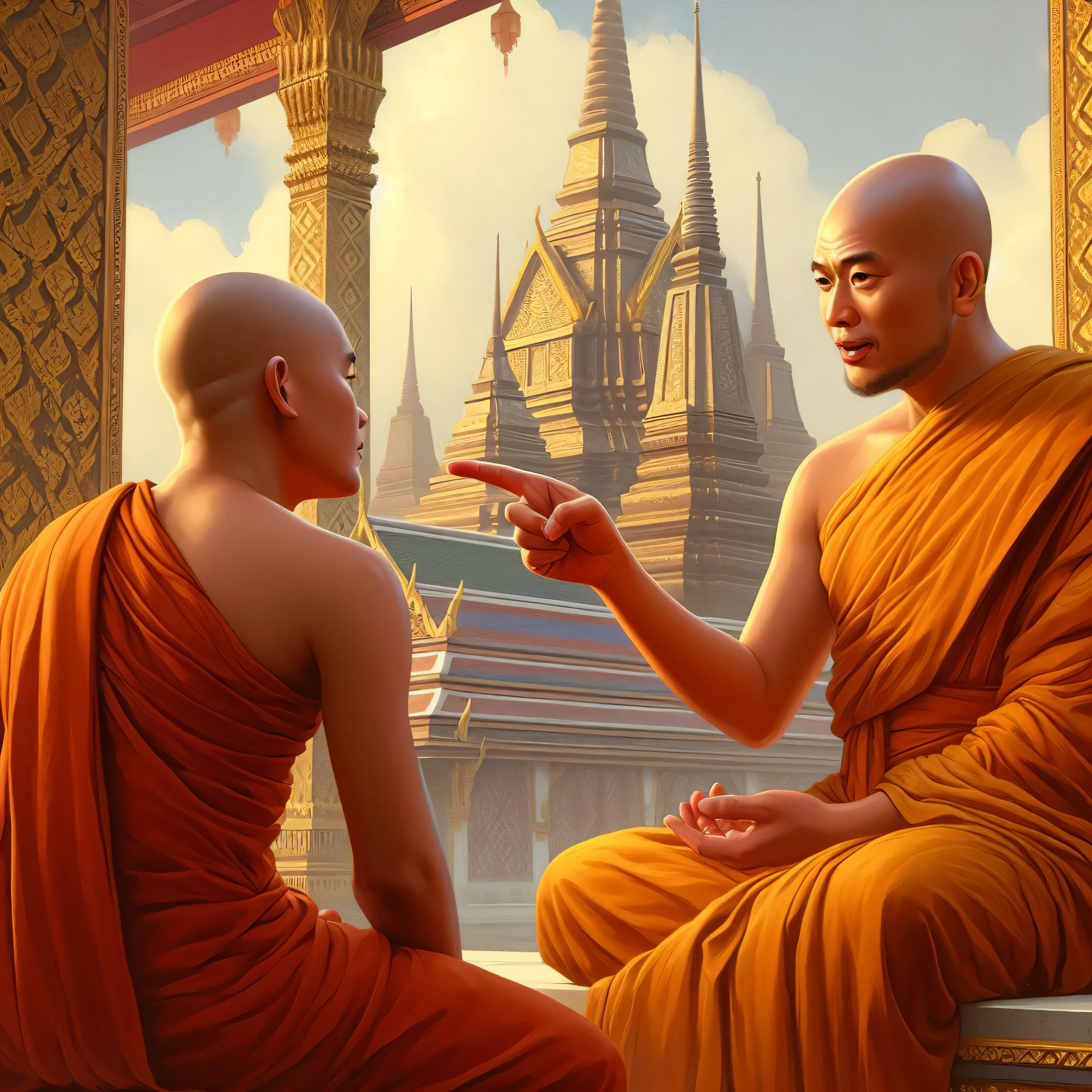 buddhist monks sitting on a ledge talking to each other, tithi luadthong, buddhism, monks, buddhist, 2 1 st century monk, fisting monk, monk clothes, thailand art, buddhist monk, beeple and jean giraud, on path to enlightenment, monk, on the path to enlightenment, by John La Gatta, monk meditate, samsara