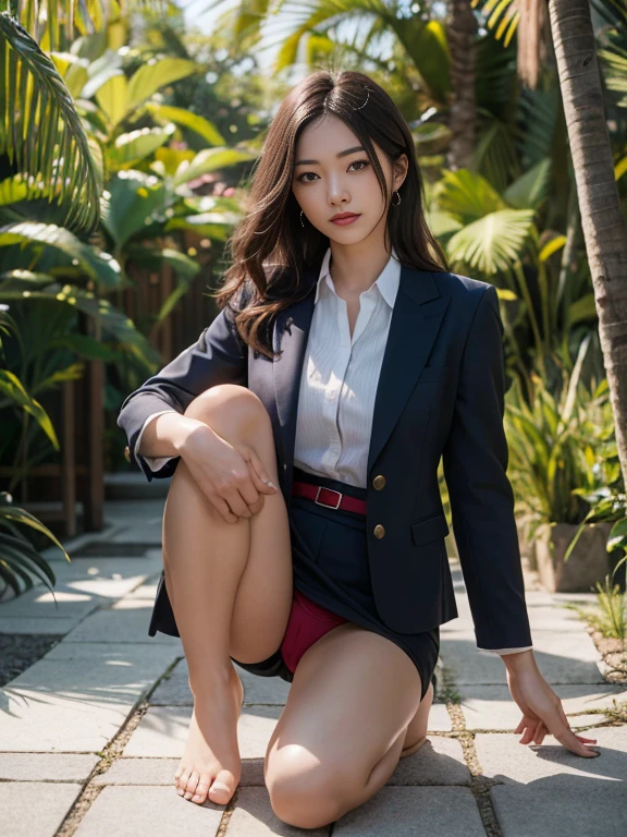 (8K High Resolution), (top-quality), (Raw quality),(masutepiece:1.2), (realisitic), (Photorealistic:1.37), ,Large eyes,long eyeslashes,(Live-action realistic style),The Ultimate Face,realistic light and shadow,Clear facial features,,Fair skin, ),Best portraits,Shooting at close range, 1 rapariga, Cute,Beautiful detailed eyes,highlydetailed skin,(Beautiful face with double eyelids), (Realism: 1.4),((Full body image)) ,Detailed and beautiful face,,Women around 20 years old,(Beautiful Face 1.4),Middle hair,((Japan woman in business suit)),(Make eye contact with your audience),red lipsticks,Limping around the eyes,(Laugh a little),In the tropical jungle,Sit upright on one knee.,The skirt is rolled up.、Panties look perfect..,Pastel colors panties,I love showing my panties to my viewers,Show your panties to your audience,Beautiful face reflected in the light,red lipsticks,Limping around the eyes,Very beautiful feet are attractive,A very bright world