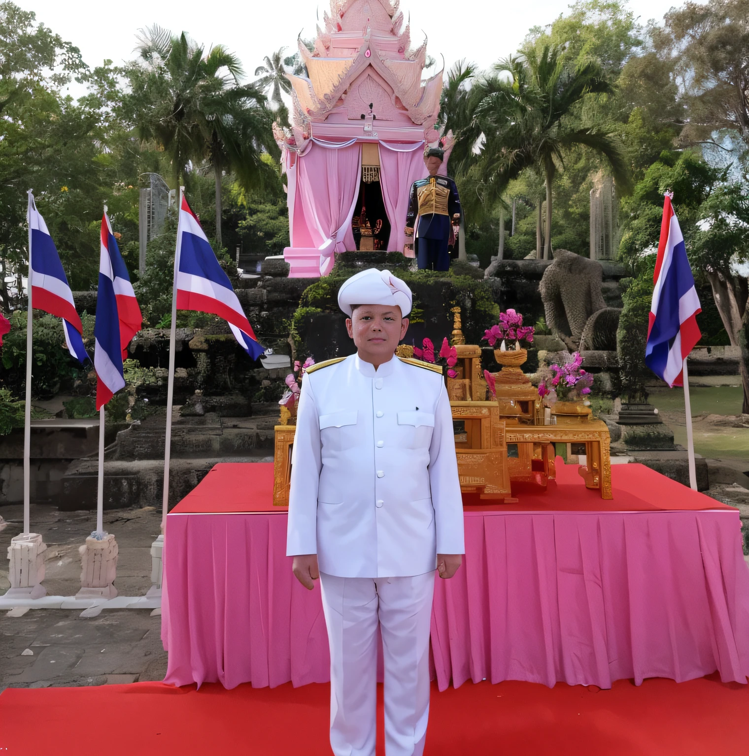 arafed man in uniform standing in front of a shrine with flags, sukhothai costume, thawan duchanee, nivanh chanthara, in front of the temple, in front of a temple, temple in the background, thai temple, patiphan sottiwilaiphong, backdrop, standing in a buddhist temple