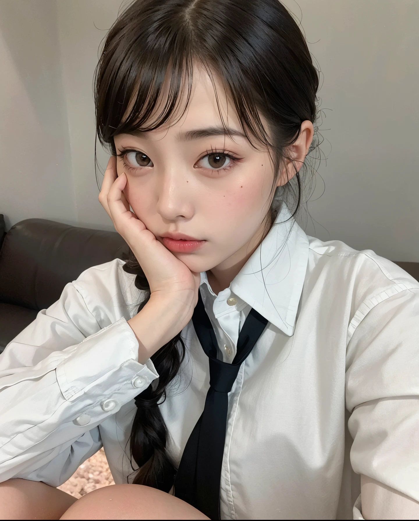 There is a young woman sitting on a sofa with her hand on her chin, ulzzang, Sakimichan, con cara linda - fina -, Chiho, Joven y adorable rostro coreano, Chica coreana, Ella tiene una cara linda, Wan adorable cara coreana, Shikamimi, chica linda-fina-cara, Ella tiene una linda cara expresiva