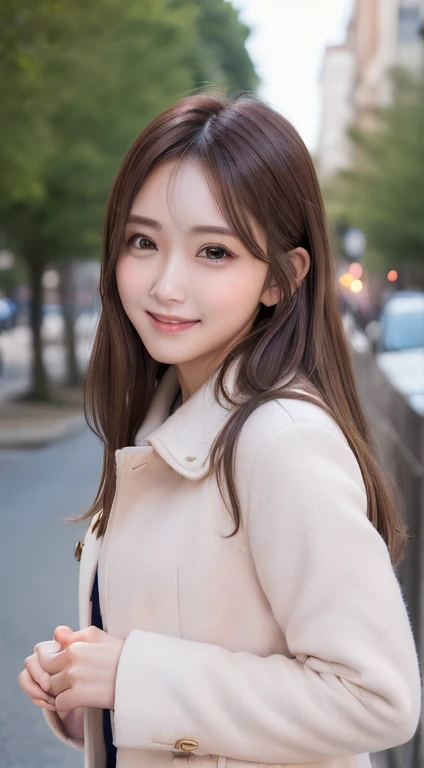 1womanl, (up of face:2.0), light brown hair, Blunt bangs, hair behind ear, hair over shoulder, Long hair, Ultra Fine Face, Thin face, Delicate lips, (beautidful eyes:1.5), thin blush, eyes are light brown,View here, Ultra-thin hands, Ultra-fine fingers, best ratio four finger and one thumb, white longcoat, muffler ,Port Area ,One-person viewpoint,  8K, masutepiece, nffsw, Super Detail, High quality, Best Quality, hight resolution,a smile,Putting out teeth