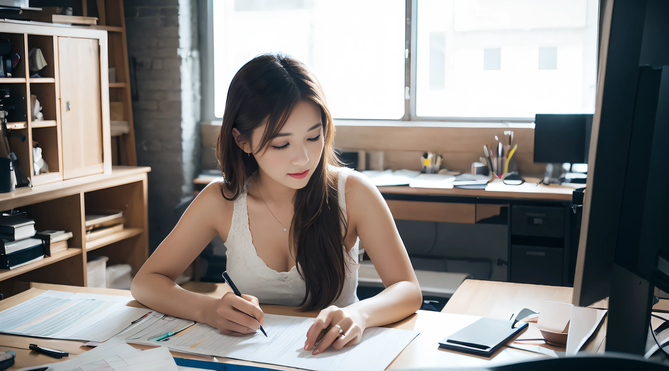 Create a beautiful woman working in a design studio.