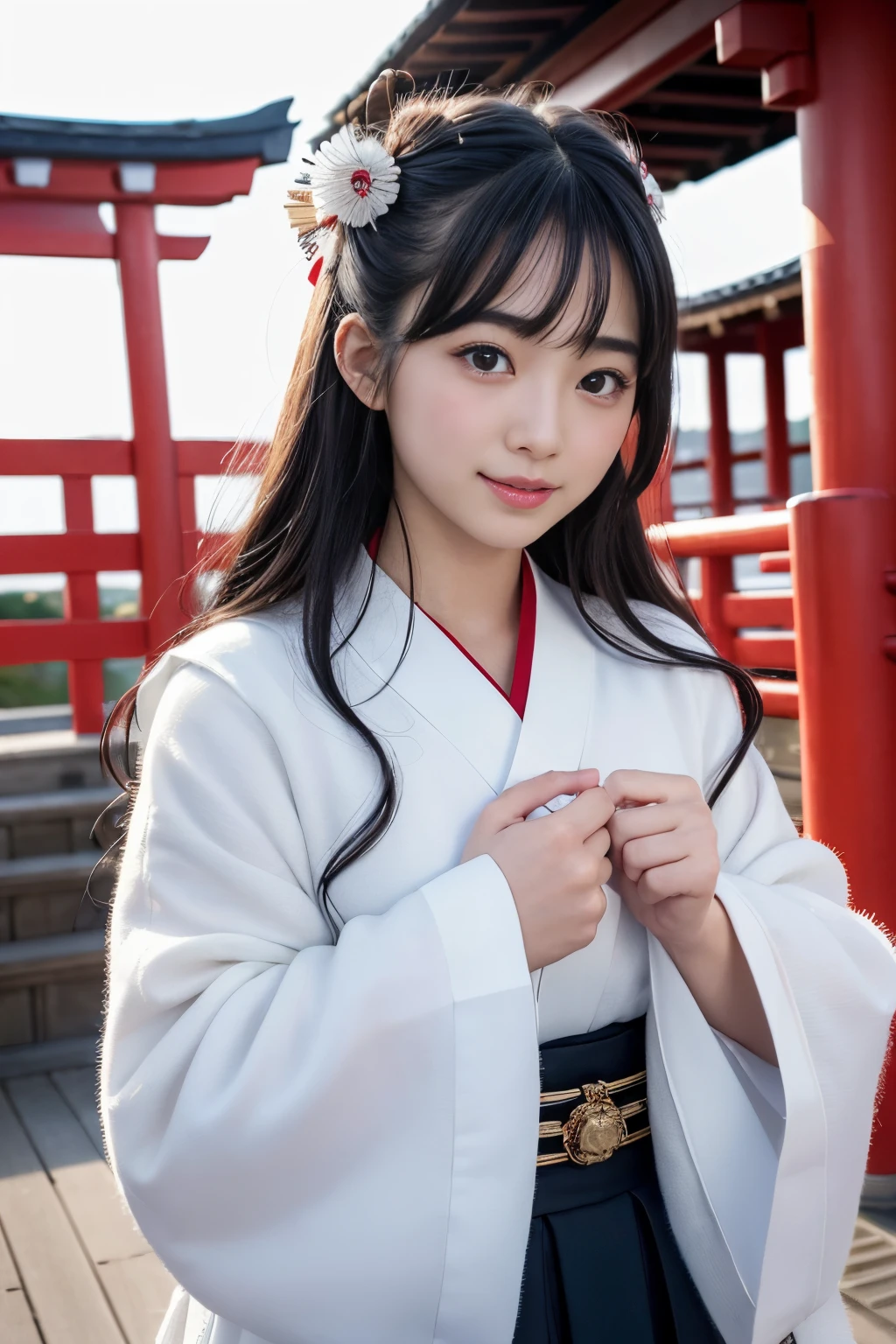 1girll,A very cute shrine maiden girl is cleaning with a broom,ssmile,Accurately drawn face,Black hair braid,tre anatomically correct,Precise fingers,Slender but big breasts,Shrine maiden in red hakama,holding a precise broom in both hands,At the shrine,photorealisim,masterpiece,hiquality
