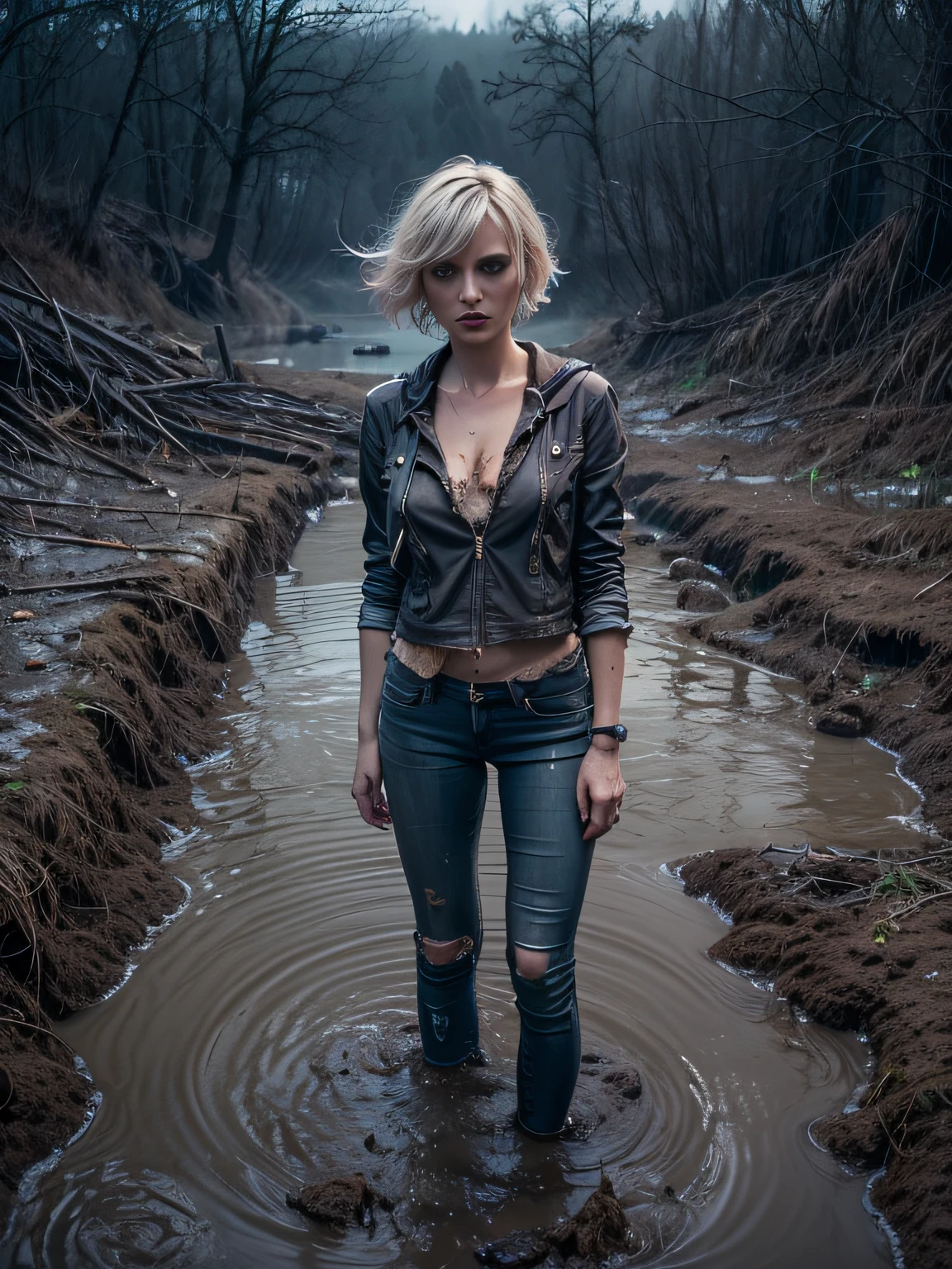 (Best Quality,hight resolution,Masterpiece, Overhead view:1.20),Ultra-detailed,Wide flares on jeans,sickly,drowning in a swamp, fetish, Posing, overcomes shame:1.3, (at the bottom of a mud pit:1.3),gloomy ecstasy,fetish,dark gloomy atmosphere,gritty texture,melancholic expression on his face,mysterious aura,foggy background,Subtle color palette,provocative pose,Strong emotions,Coming Out of the Depths of Despair,Piercing gaze,intense shadows,Plunged in Darkness,Rugged terrain,ominous vibe,A supernatural sensation,asymmetrical bangs, freckles, pink short hair, Bangs, freckles, gray eyes,