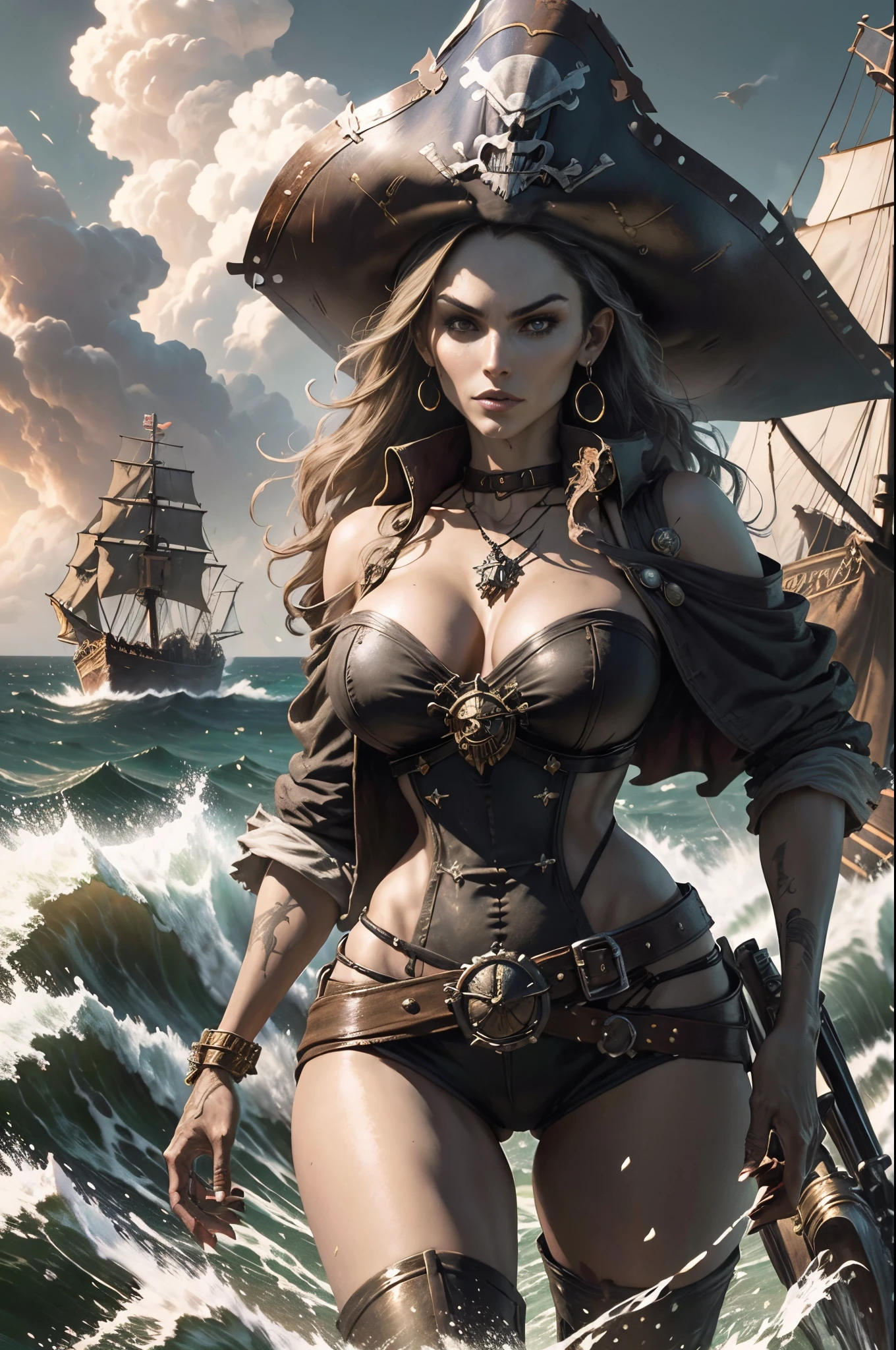 (best quality,4k,highres,masterpiece:1.2),ultra-detailed,realistic,sexy busty pirate girl,longeyelashes,beautiful detailed eyes,beautiful detailed lips,dark-haired,brown-eyed,flawless complexion,perfectly curved body,hourglass figure,pirate ship deck,battle at sea,dramatic lighting,wind tousling her hair,pistol in her hand,cutlass at her waist,cannon fire in the background,smoke and sparks filling the air,fierce expression,confident stance,black pirate hat with skull and crossbones,ornate pirate captain outfit,gold earrings,eyepatch with a crimson gem,weathered wooden planks,tattered sails,anchor symbol on the ship,crashing waves,stormy skies,adrenaline rush,pirate adventures,treasure hunting,swashbuckling action,seductive charm,pirate queen,feared and respected by her crew,stormy night sea,hidden treasures,heroic deeds,legendary pirate,secrets of the deep sea,untold riches,treasure map leading to her next conquest,rum-filled barrels,glint of gold and jewels,high-stakes pirate life,skilled sword fighting,pirate flag waving proudly,skull and crossbones symbol, plunging neckline,revealing corset,thigh-high boots,long flowing cape,scenic ocean view,stormy seascape,vivid colors,romanticized pirate life,memorable adventure,legacy of the fearless captain,Megan Fox.