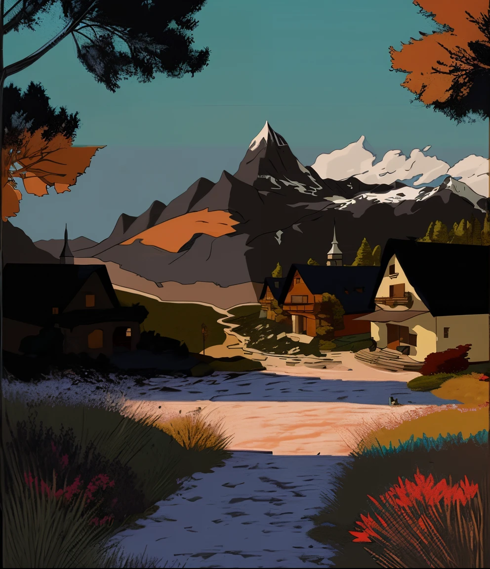 un gros plan d&#39;an image of anime designs&#39;a village with a mountain in arrière-plan, Conception of the 2D game environment, Alpes, point-and-click adventure game, montagne, paysage montagneux, Montagne, Concept Art de jeu de paysages, conception d&#39;environnement de jeu, Random background scene, Alp, Illustration matte painting, videogame still, I inspired by A. J. Casson, Mountain scene