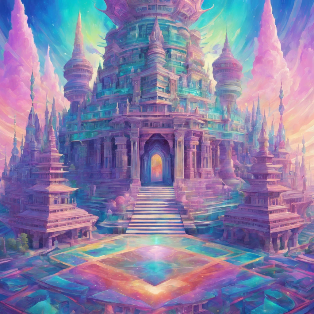 trippy art,Abstract style,A fantasy temple in a utopian world,Irridescent color