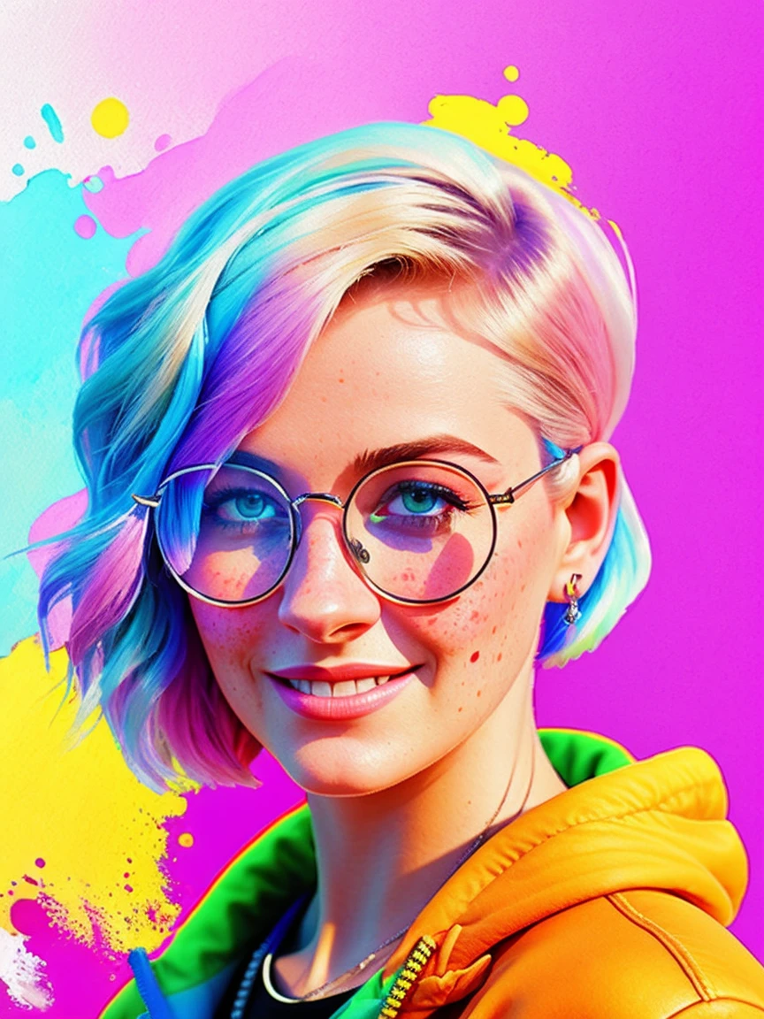 Portrait of ilya kuvshinov and annie leibowitz beautiful smiling  [white swedish blonde] woman with some freckles wearing [hoodie], rainbow circle-glasses, [short hair, (((pixie cut)))], azure eyes,snow covered mountain landscape background. synthwave watercolor on canvas trends artstation dramatic lighting abstract expressionism pastel tones (HD) golden ratio detail aesthetics octane rendering excellent composition natural texture 8k oil painting masterpiece Canon eos r4s 50