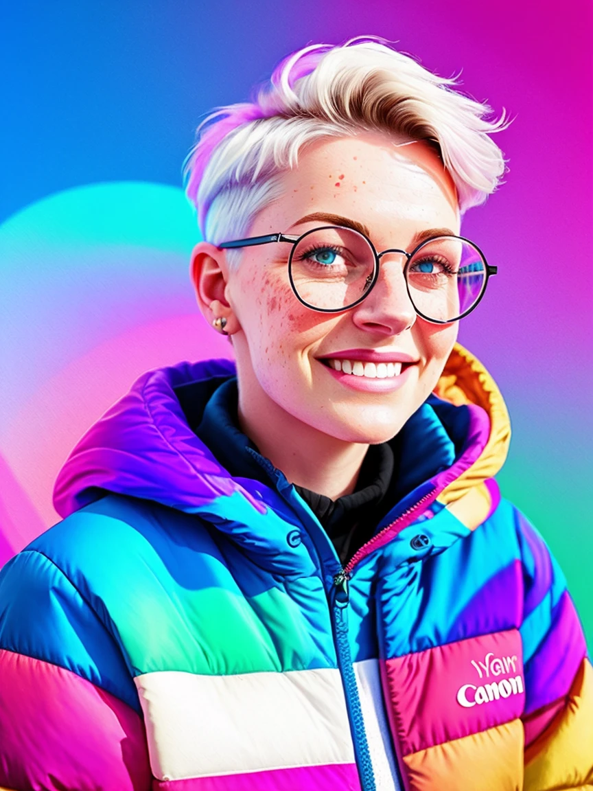 Portrait of ilya kuvshinov and annie leibowitz beautiful smiling  [white swedish blonde] woman with some freckles wearing [hoodie], rainbow circle-glasses, [short hair, (((pixie cut)))], azure eyes,snow covered mountain landscape background. synthwave watercolor on canvas trends artstation dramatic lighting abstract expressionism pastel tones (HD) golden ratio detail aesthetics octane rendering excellent composition natural texture 8k oil painting masterpiece Canon eos r4s 50