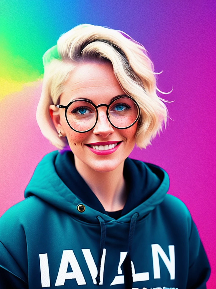 Portrait of ilya kuvshinov and annie leibowitz beautiful smiling  [white swedish blonde] woman with some freckles wearing [hoodie], rainbow circle-glasses, [short hair, (((pixie cut)))], azure eyes,snow covered mountain landscape background. synthwave watercolor on canvas trends artstation dramatic lighting abstract expressionism pastel tones (HD) golden ratio detail aesthetics octane rendering excellent composition natural texture 8k oil painting masterpiece Canon eos r4s 50