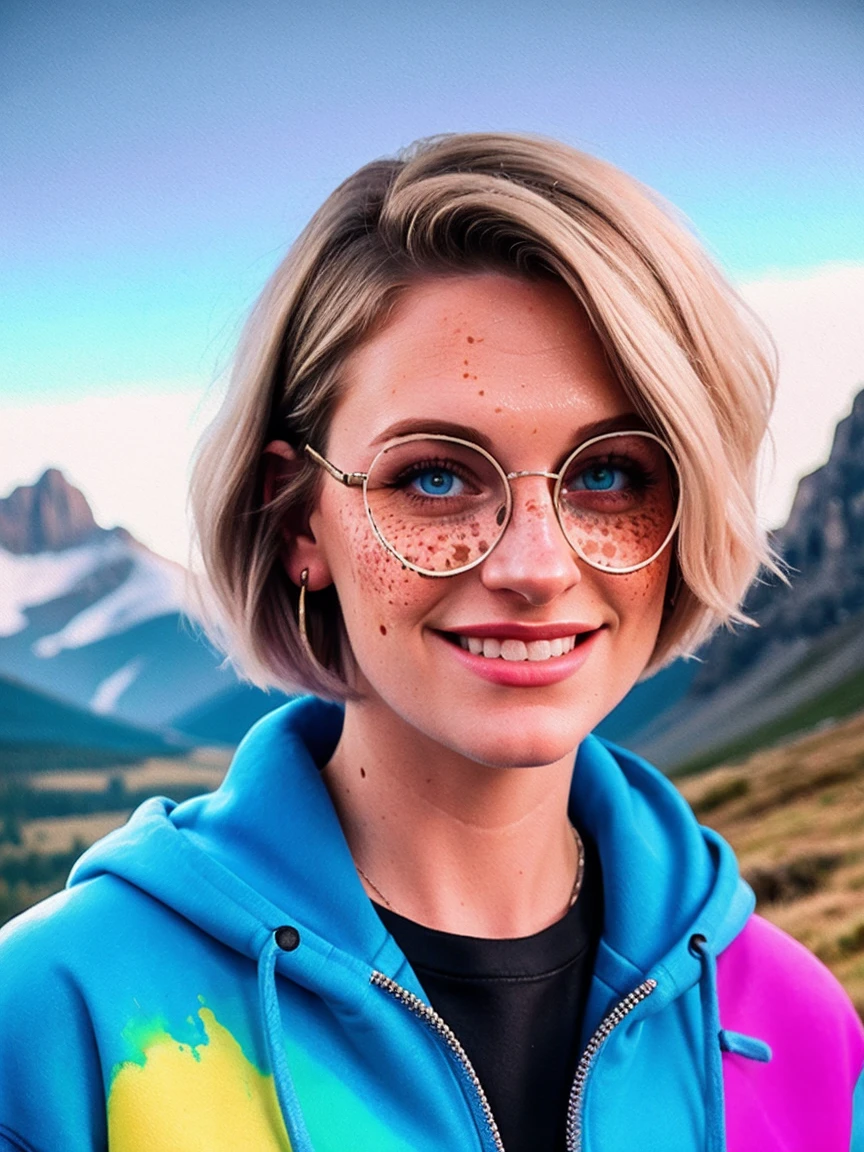 Portrait of ilya kuvshinov and annie leibowitz beautiful smiling [white swedish blonde] woman with some freckles wearing [hoodie], rainbow circle-glasses, [short hair, (((pixie cut)))], azure eyes,snow covered mountain landscape background. synthwave watercolor on canvas trends artstation dramatic lighting abstract expressionism pastel tones (HD) golden ratio detail aesthetics octane rendering excellent composition natural texture 8k oil painting masterpiece Canon eos r4s 50