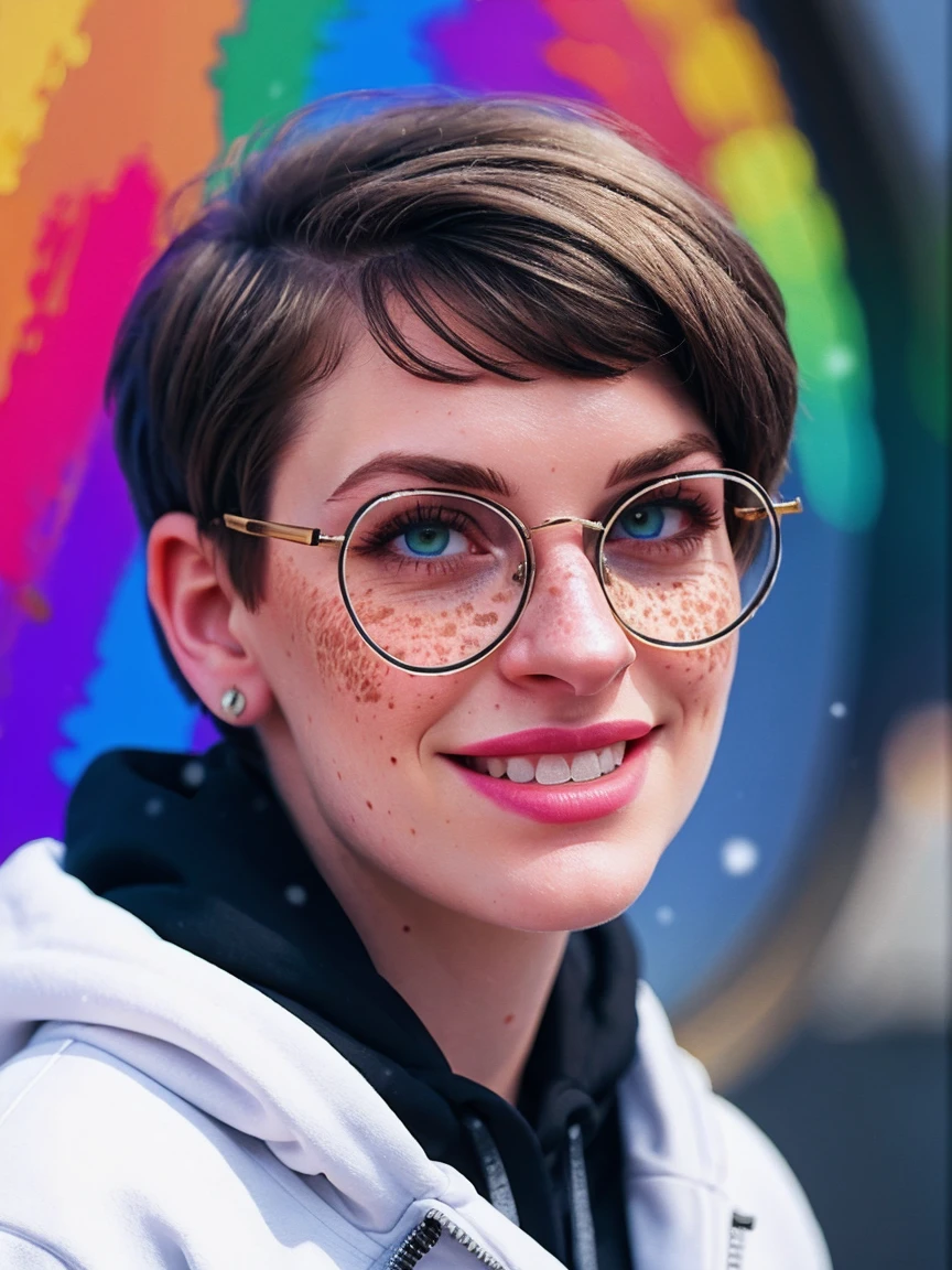 Portrait of ilya kuvshinov and annie leibowitz beautiful smiling [white swedish blonde] woman with some freckles wearing [hoodie], rainbow circle-glasses, [short hair, (((pixie cut)))], azure eyes,snow covered mountain landscape background. synthwave watercolor on canvas trends artstation dramatic lighting abstract expressionism pastel tones (HD) golden ratio detail aesthetics octane rendering excellent composition natural texture 8k oil painting masterpiece Canon eos r4s 50