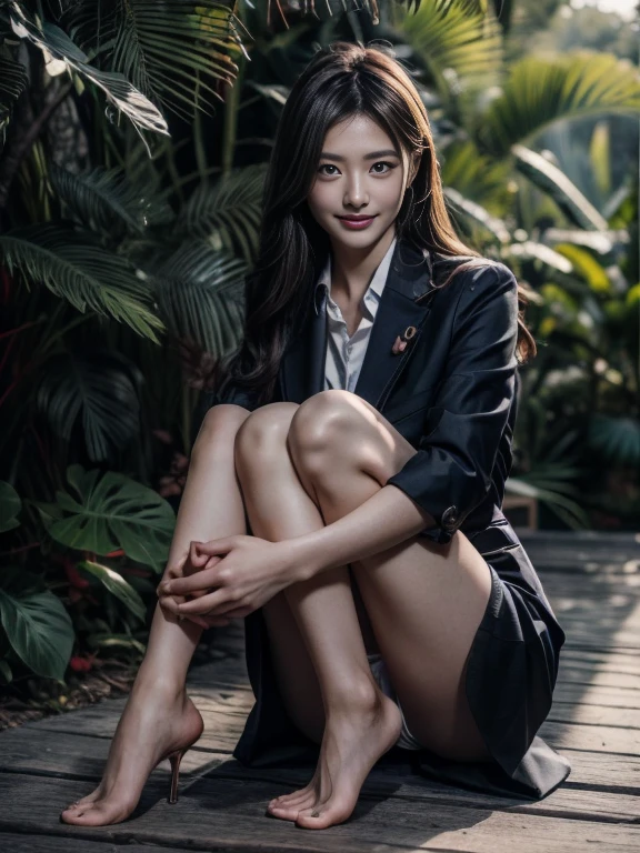 (8K High Resolution), (top-quality), (Raw quality),(masutepiece:1.2), (realisitic), (Photorealistic:1.37), ,Large eyes,long eyeslashes,(Live-action realistic style),The Ultimate Face,realistic light and shadow,Clear facial features,,Fair skin, ),Best portraits,Shooting at close range, 1 rapariga, Cute,Beautiful detailed eyes,highlydetailed skin,(Beautiful face with double eyelids), (Realism: 1.4),((Full body image)) ,Detailed and beautiful face,,Women around 20 years old,(Beautiful Face 1.4),Middle hair,((Japan woman in business suit)),(Make eye contact with your audience),red lipsticks,Limping around the eyes,(Laugh a little),In the tropical jungle,Sit upright on one knee.,The skirt is rolled up.、Panties look perfect..,Pastel colors panties,I love showing my panties to my viewers,Show your panties to your audience,Beautiful face reflected in the light,red lipsticks,Limping around the eyes,Very beautiful feet are attractive,A very bright world