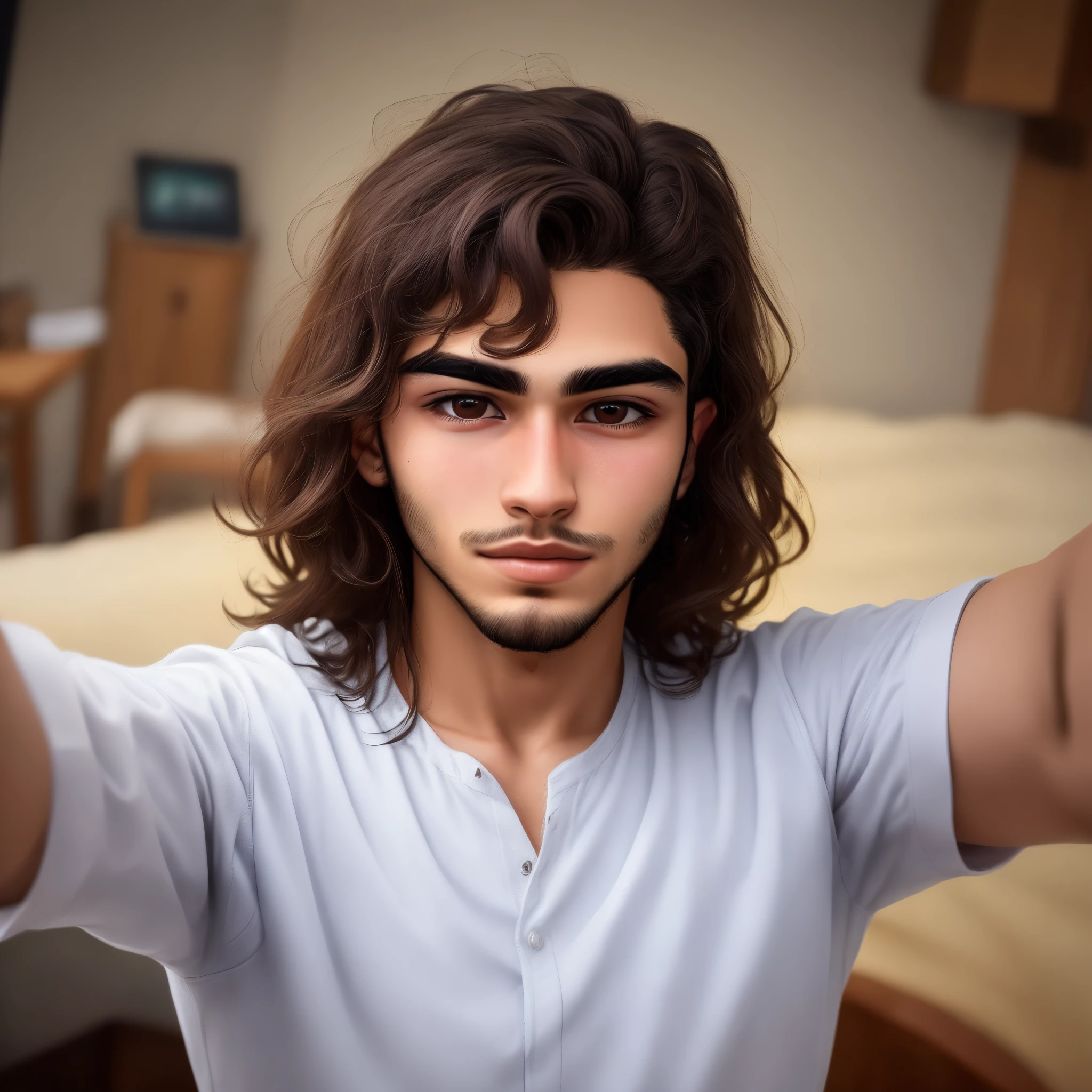 Selfie with low exposure or a a man in his early twenties with arab features, small face, strong jawline, light beard, short wavey hair, almond eyes