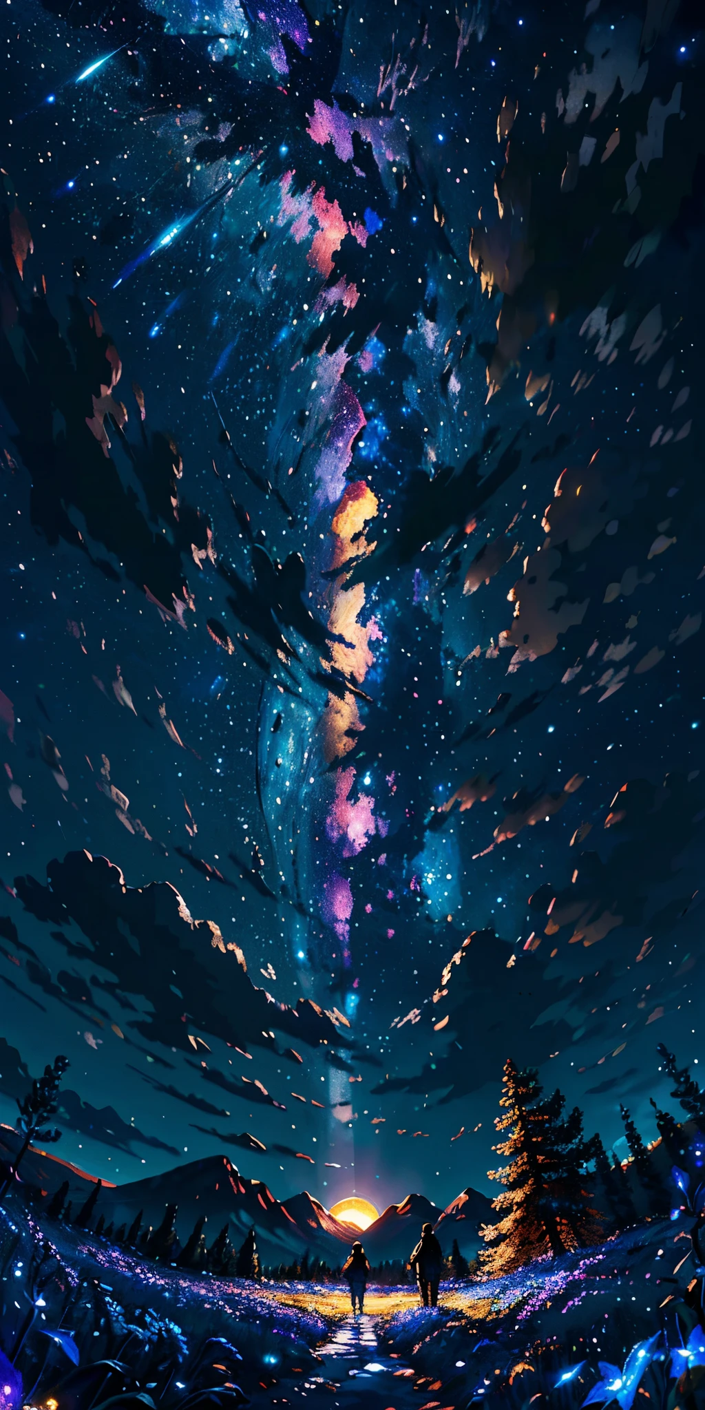 Expansive landscape photograph, (view from below with a view of the sky and the wilderness below),  lawyer standing in a flower field looking up, (full moon: 1.2), (shooting star: 0.9), (nebula: 1.3), distant mountain, tree break production art, (warm light source: 1.2), (firefly: 1.2), lamp, purple and orange, intricate detail, volume lighting BREAK (masterpiece: 1.2), (highest quality ), 4k, ultra-detailed, (dynamic configuration: 1.4), highly detailed and colorful details (iridescent: 1.2), (sparkling lighting, atmospheric lighting), dreamy, magical, (solo: 1.2)