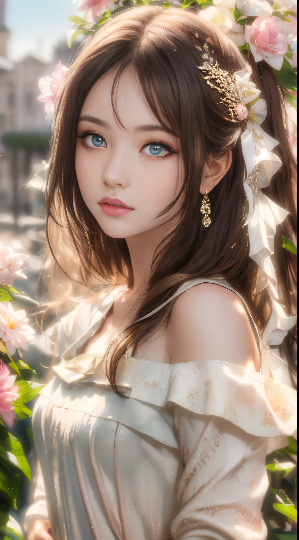 best qualtiy,tmasterpiece,hight resolution,1girll,dingdall effect,realisticlying,edge lit,two tone lighting,(highdetailskin:1.2),8K UHD,pure,Dolce,flowers background,Colorful background,Based on physical rendering,Perfect Light and Shadow,extreme hight detail,Pink tones,eye reflections,Raised sexy,perfect bodies,Superb Beauty,largeeyes,long eyelasher,Delicate eyes,big shiny eyes,Small pupillary reflex,Shoulder and neck details,The texture of the pupil is delicate,Perfect eyes,black pupils,best qualtiy,tmasterpiece,16 K,a picture,head portrait,Bigchest,long-sleeve,Take care of your chest,Large breasts,Delicate avatars