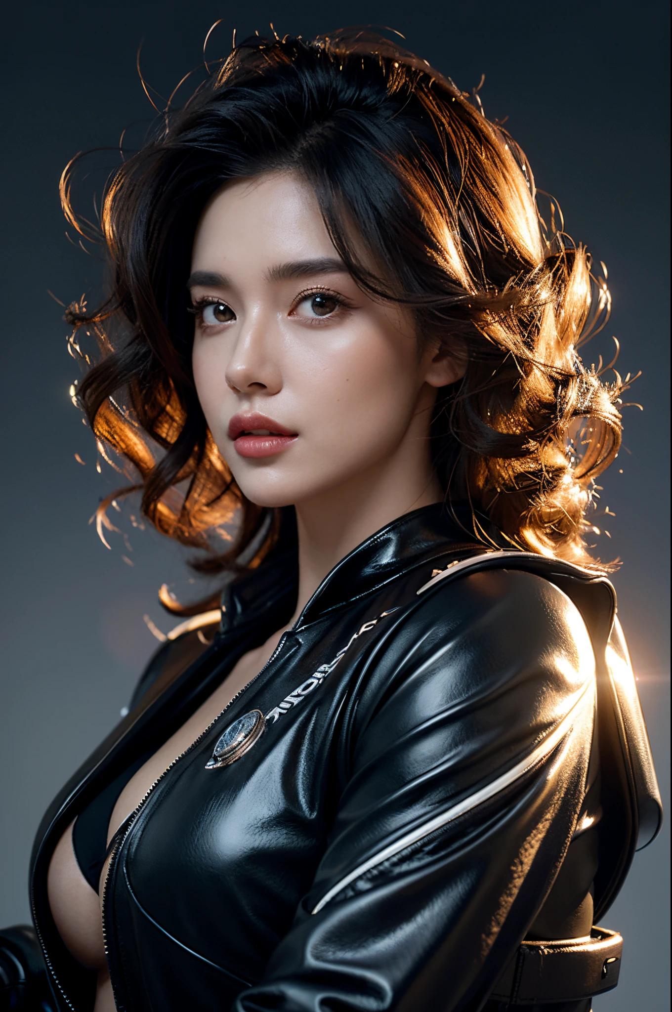 Futuristic portrait of an American businesswoman with diamond hair, Gorgeous ringlets, Spiral Curls, sci-fy, techwear outfits, glowing lamps, Looking directly at, 对称, depth of fields, iintricate, Elegant, The is very detailed, digitial painting, art  stations, concept-art, smooth private parts, Focus sharp, illustratio, Artwork by Greg Rutkoski, and Boris Vallejo, Lens flare effect, Unreal Engine 5 effects.