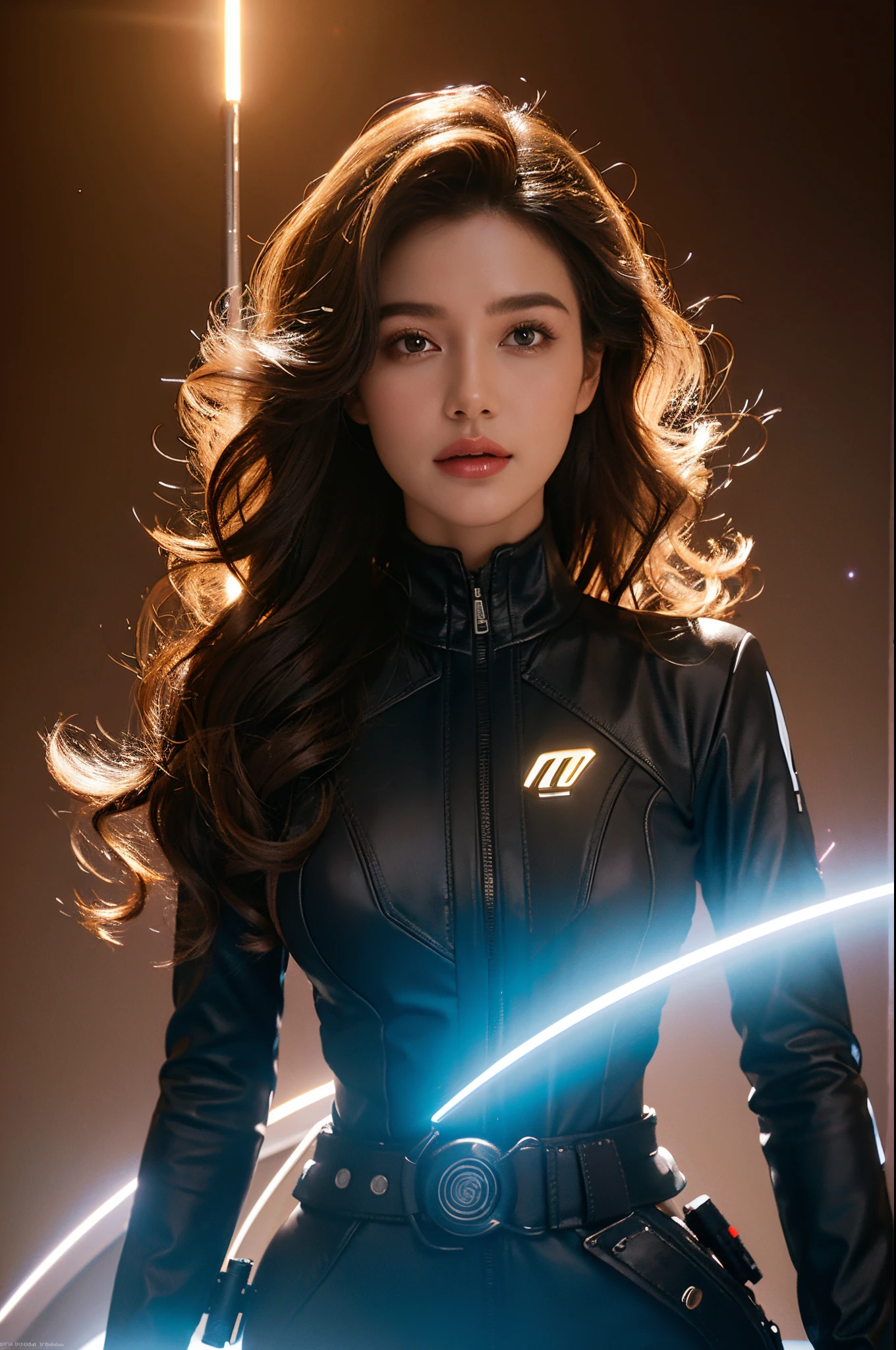Futuristic portrait of an American businesswoman with diamond hair, Gorgeous ringlets, Spiral Curls, sci-fy, techwear outfits, glowing lamps, Looking directly at, 对称, depth of fields, iintricate, Elegant, The is very detailed, digitial painting, art  stations, concept-art, smooth private parts, Focus sharp, illustratio, Artwork by Greg Rutkoski, and Boris Vallejo, Lens flare effect, Unreal Engine 5 effects.