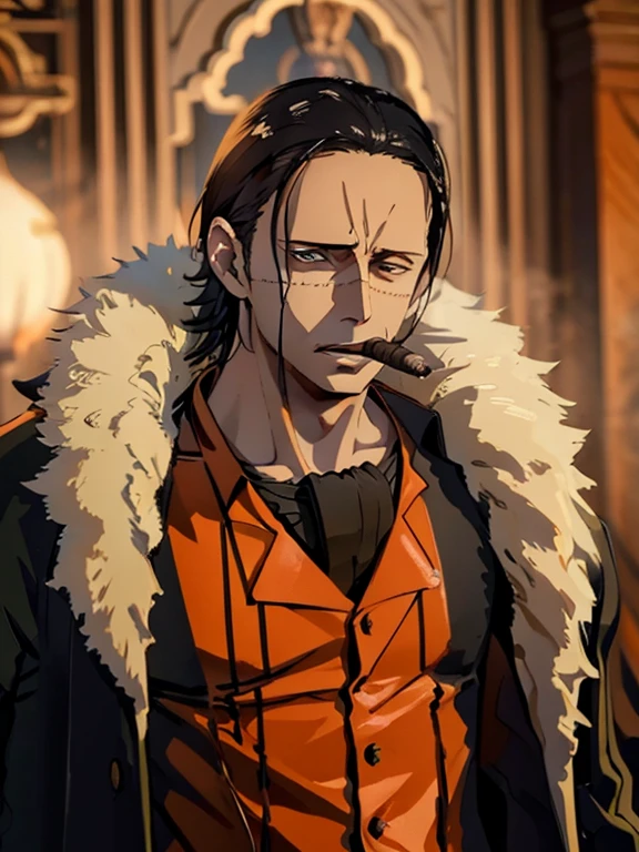 Masterpiece,high quality,1man,long hair ,black hair,smoking cigars , orange shirt, black jacket ,detaile,