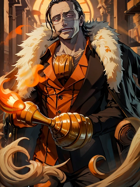 Masterpiece,high quality,1man,long hair ,black hair,smoking cigars , orange shirt, black jacket ,detaile,