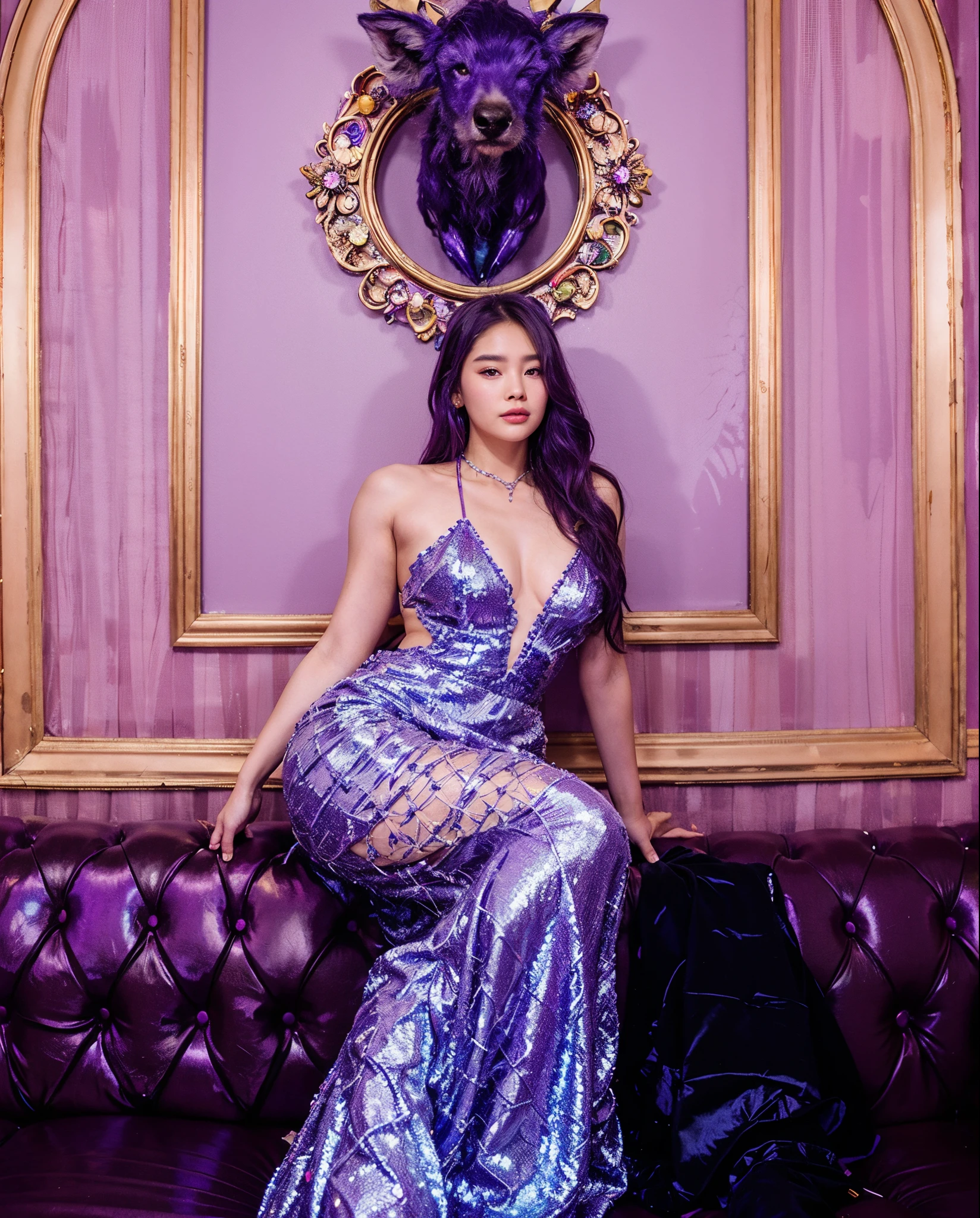 araffe woman in a purple dress sitting on a couch, wearing a sparkling dress, diamond shimmering dress, park ji-min, ji-min, icey blue dress, wearing an evening gown, sun yunjoo, wearing a dress made of stars, blackpink jennie, seseon yoon, hwang se - on, heonhwa choe, lee ji-eun