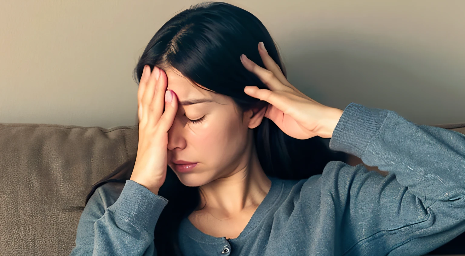 A woman in her 40s sitting on a sofa and covering her eyes with her hands., Hands blocking the face, Hands on back, woman very tired, Head in Hands, hair covering eyes, Frustrated face, see no evil, struggling, Frustrated expression, stressed expression, Covered face, face obscured, women's pictures, third eye middle of forehead