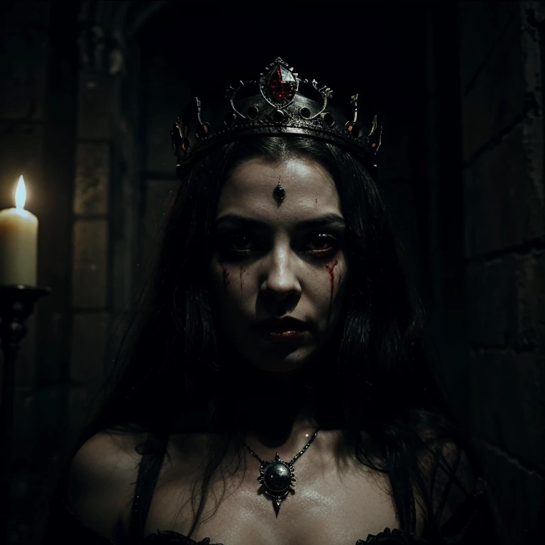 Queen with bloody face in a dark atmosphere, a crown on her head, gothic and scary atmosphere