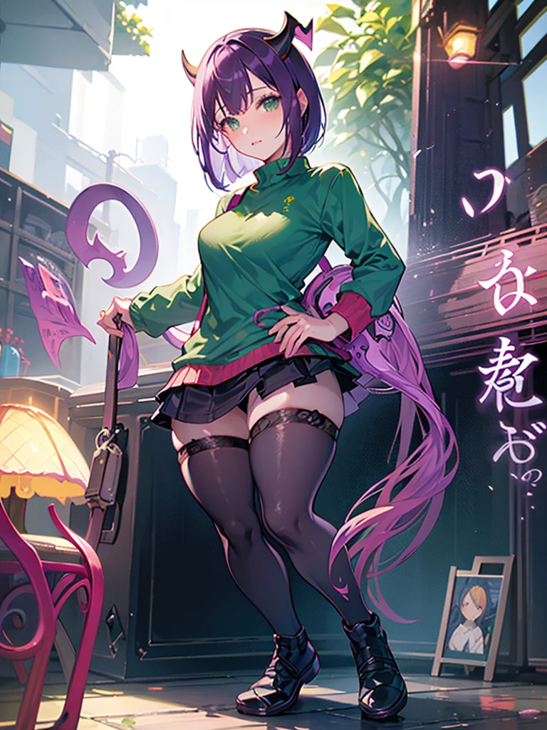 Full body portrait, Standing, background jungle in day, purple hair, Bob hair, Green ninja outfit, Pad gear, Green Eyes, Devil horn, 1girl