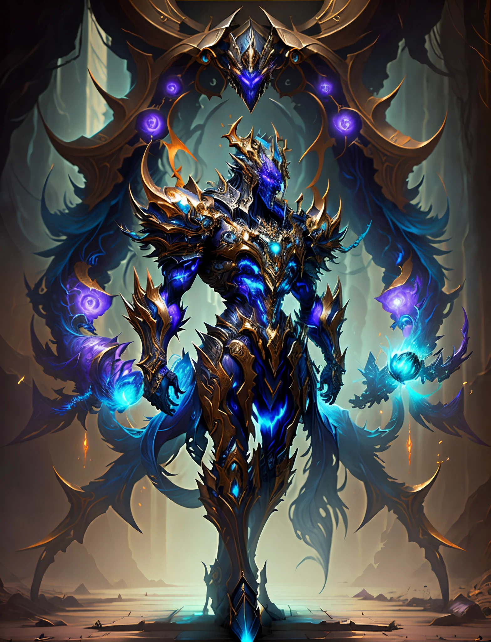 a dark skinned man with a glowing purple and blue halo holding a glowing ball, purple glowing core in armor, epic fantasy art style hd, epic fantasy art style, djinn man male demon, league of legends arcane, demon soul concept art, arcane league of legends, epic fantasy digital art style, male djinn man demon hybrid ، يلبس تاج محلق فوق رائسه مزيج من الأرجواني و الاسود و ازرق و احمر